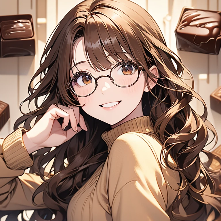 （masterpiece、high quality、High image quality、4K、8k、 Details、Anime Style）、Working women（ square face with tight chin 、Thin smiling eyes 、 brown beckow thick rimmed square glasses 、50 years old、adult、 smiling with raised corners 、 medium long wavy brown hair 、 wavy bangs flowing sideways in 73 parts 、I can see your forehead、Highlights）、 I'm wearing a red turtle neck and beige jacket、 looking back slightly sideways 、 background is chocolate pattern （ chocolate truffle 、Chocolate bar、 chocolate chip cookie ） randomly arranged wallpaper 、 cute illustrations 