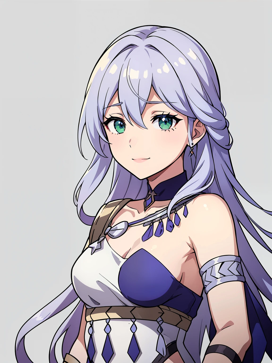 (high-quality, breathtaking),(expressive eyes, perfect face) 1girl, female, portrait, solo, young adult, neutral expression, cute smile, Symmetrical Eyes, Symmetrical ears, grey background, long hair, wavy spiky hair, fire emblem three houses art style, fe3h, white hair, green eyes, danceroutfit, blue danceroutfit
