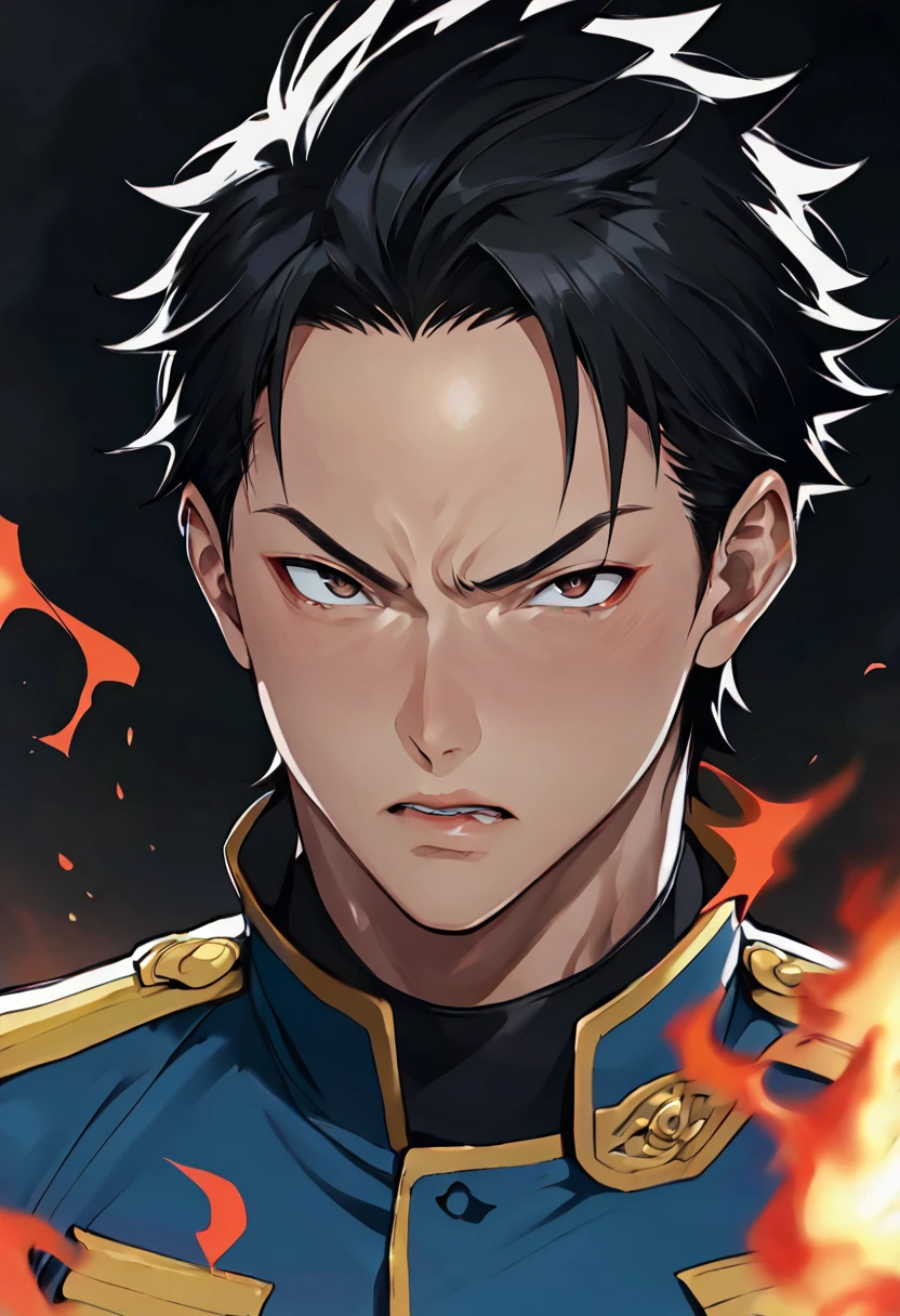 Appearance: Akumaro Kuroi has short black hair and wears a black Shinigami uniform with red accents and a flame symbol on the back. He has an intense and determined look in his eyes, and his appearance is somewhat mysterious and menacing, 8k high definition