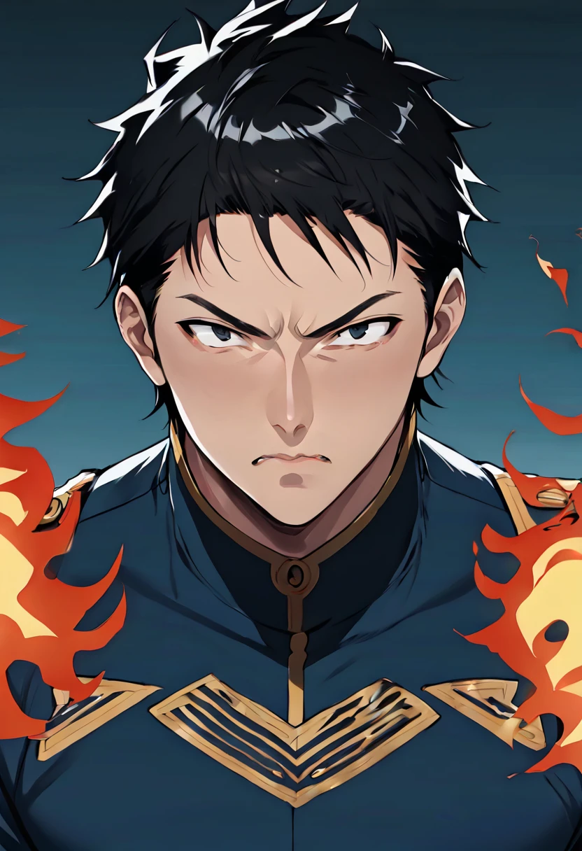 Appearance: Akumaro Kuroi has short black hair and wears a black Shinigami uniform with red accents and a flame symbol on the back. He has an intense and determined look in his eyes, and his appearance is somewhat mysterious and menacing, 8k high definition