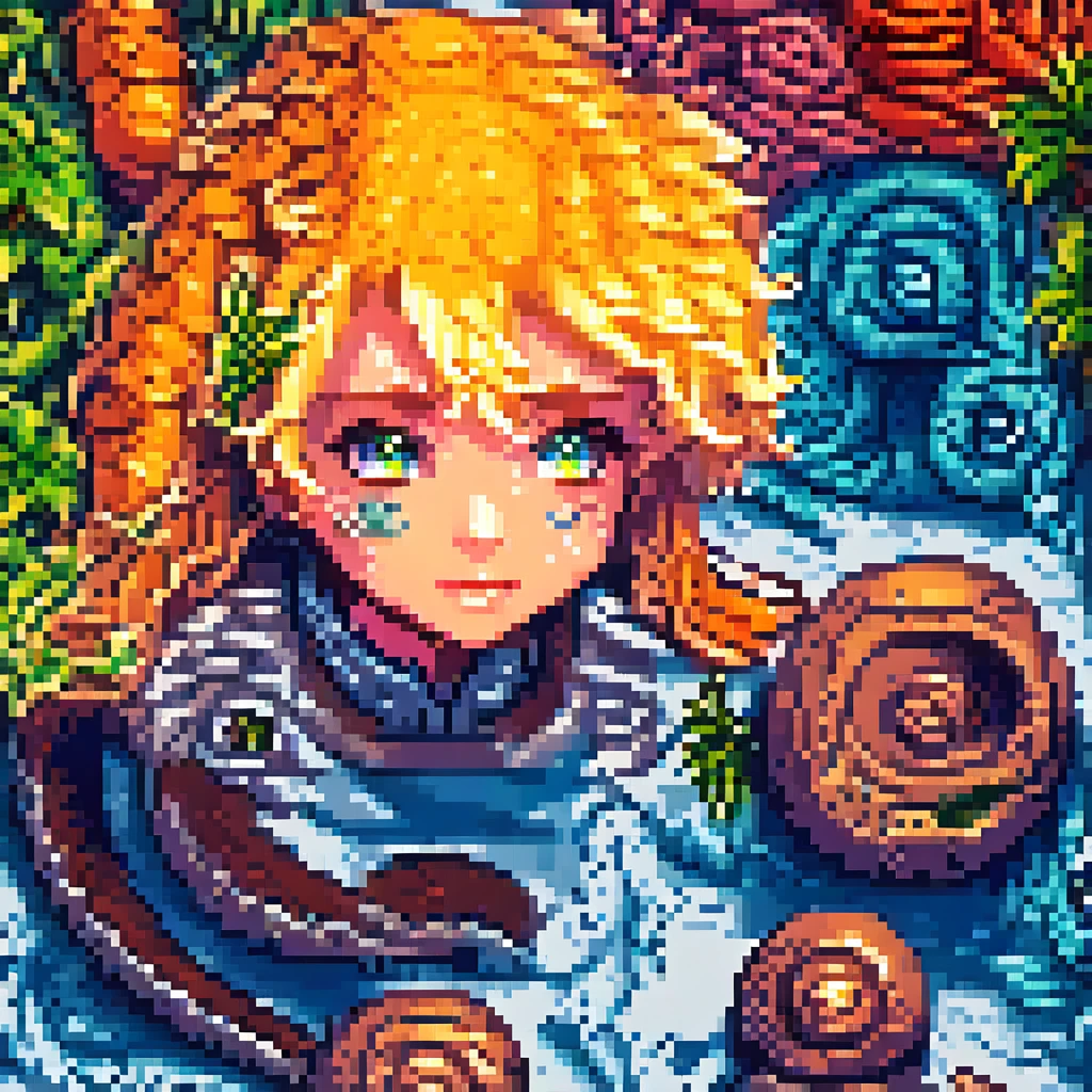 A detailed androgenous anime portrait done in aquatic final fantasy style, adventurous rainbow eyes and blond hair, aquatic tentacles and fins and antennae and snail shell, done in high resolution pixel art