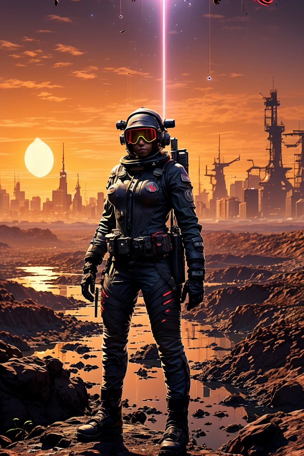 Masterpiece, post apocalyptic landscape in swampland, Iranian solitary female astronaut, Iranians flag in arm, dusty radio dish antenna, Electric Purple, utility belt, Metallic Gray Zinc, HDR, the best quality, body-tight suit, intricate, the most fantastic details, cinematic composition, dramatic lighting, full body, celestial bodies in the sky, dead trees, dry bushes, realistic reflections, sunset, a military compound, to scale, , sad, dynamic posture, astronaut laser gun, Iranian flag in background. 