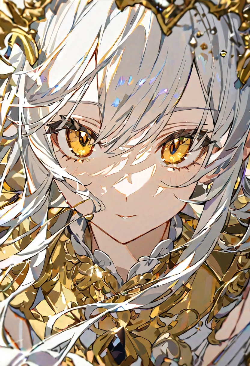 white anime girl, Hairstyle,   Seductive eyes  ,  European gorgeous Rococo dress made of gold and silver，Crystal shoes made of gold ，close up，avatar，Top view，Close shot