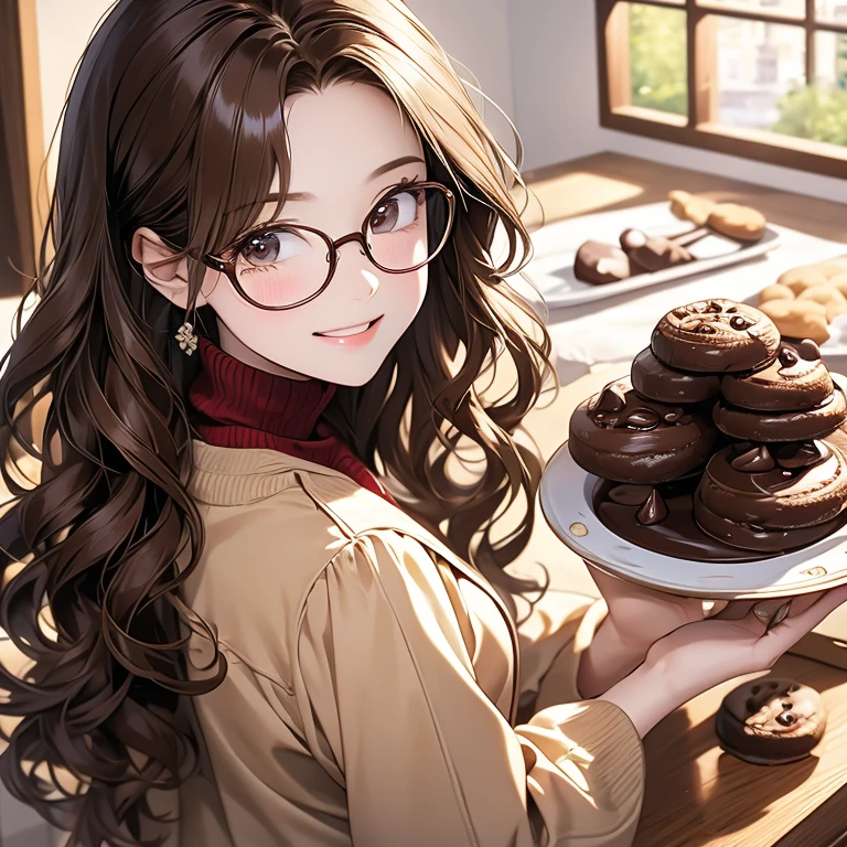 （masterpiece、high quality、High image quality、4K、8k、 Details、Anime Style）、A Working woman（ square face with tight chin 、Thin smiling eyes 、 brown beckow thick rimmed square glasses 、50 years old、adult、 smiling with raised corners 、 medium long wavy brown hair 、 wavy bangs flowing sideways in 73 parts 、I can see your forehead、Highlights）、 I'm wearing a red turtle neck and beige jacket、 looking back slightly sideways 、 background is chocolate pattern （ chocolate truffle 、Chocolate bar、 chocolate chip cookie ） randomly arranged wallpaper 、 cute illustrations 