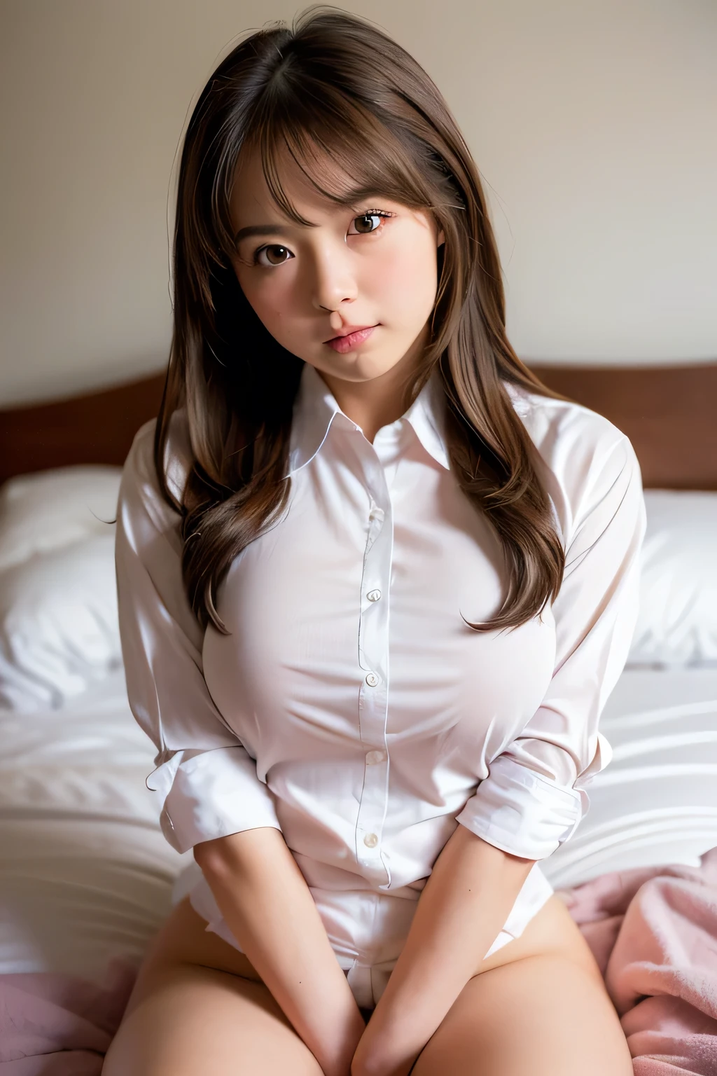 sfw, |best quality, ultra high res, (photorealistic:1.4)| ,| brown eyes, crazy eye, tears, crying face, watery eyes |, solo, 1 girl, | hairpin, white men's shirts, black suits |, (ulzzang-6500:0.8), bed,   v arm pose, awkward