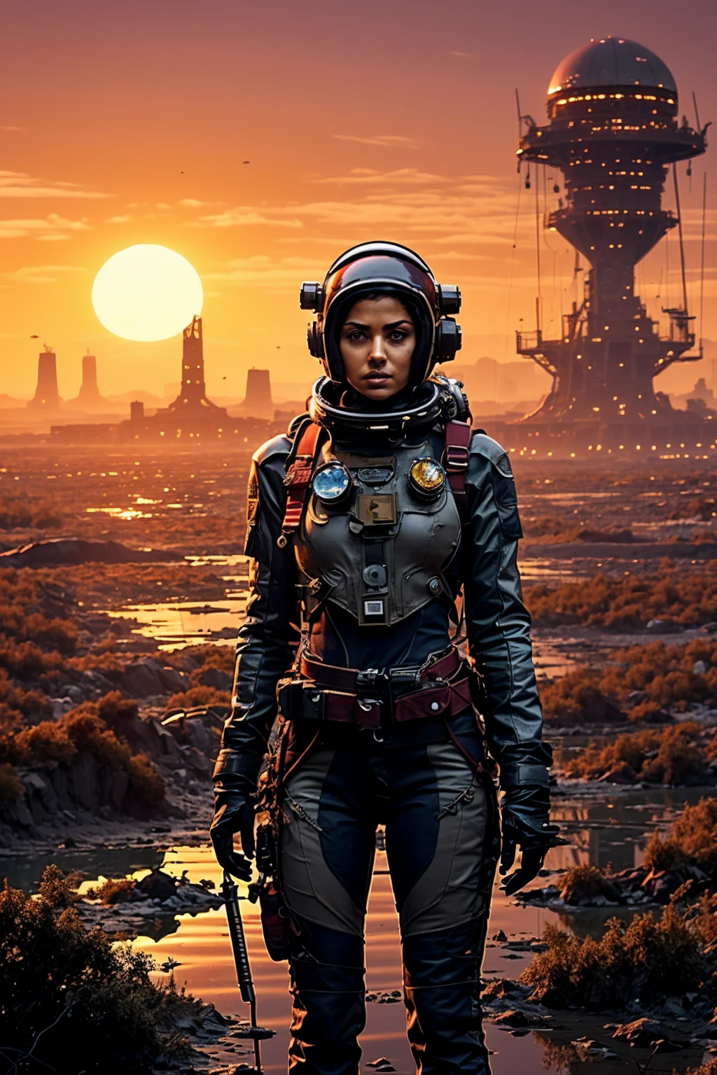 Masterpiece, post apocalyptic landscape in swampland, Iranian solitary female astronaut, Iranians flag in arm, dusty radio dish antenna, Electric Purple, utility belt, Metallic Gray Zinc, the best quality, body-tight suit, intricate, the most fantastic details, cinematic composition, dramatic lighting, full body, celestial bodies in the sky, dead trees, dry bushes, realistic reflections, sunset, a military compound, to scale, , sad, dynamic posture, astronaut laser gun, Iranian flag in background. 