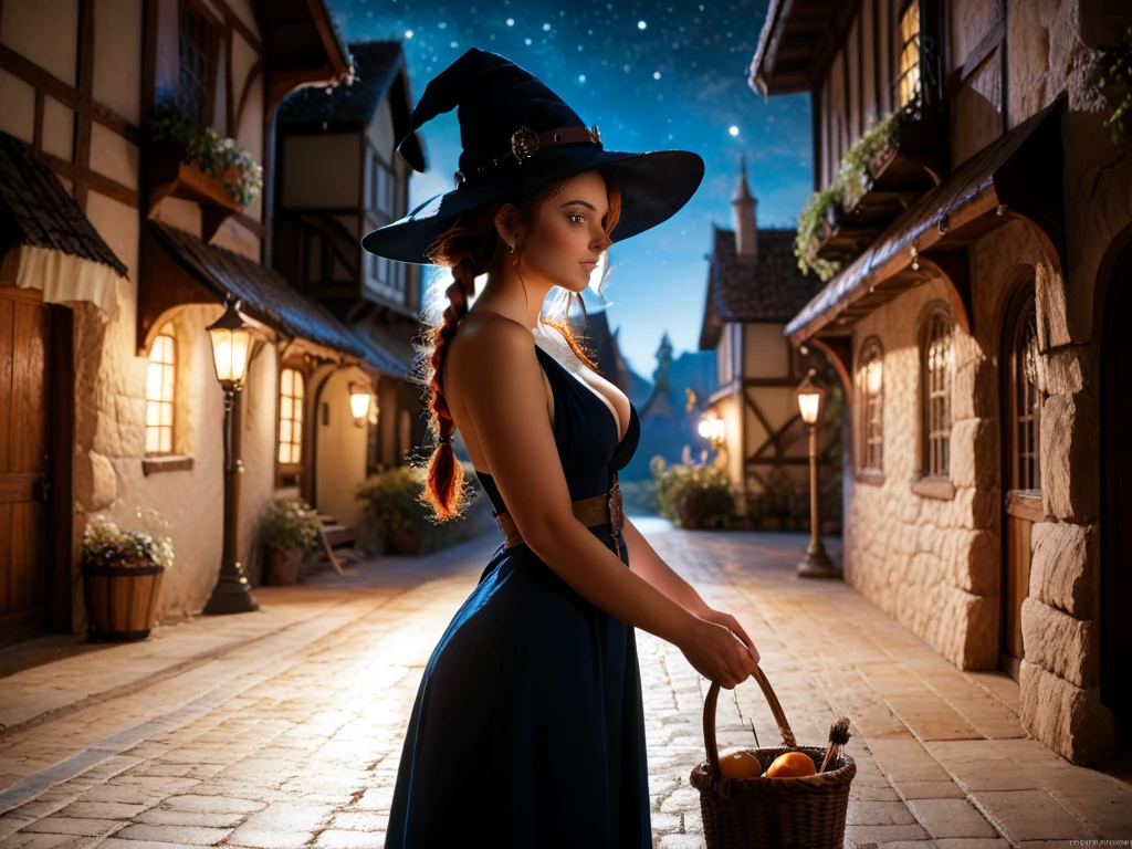 source_photo, score_9, score_8_up, score_7_up, realistic, 1girl, solo, a witch in a medieval setting. 
(side view), a beautiful, redhead with (large bosoms), braided hair, deep cleavage, sideboob, slim waist, wide hips, thick thighs, (round butt), 
she is wearing a witch's hat and a costume, gown, wizard's robe, holding a broom in hand and basket in another, walking inside a village at night, starry sky, Spooky  Art Drawing, Highly realistic photograph depicting a medieval village at a moonlit night, s1_dram