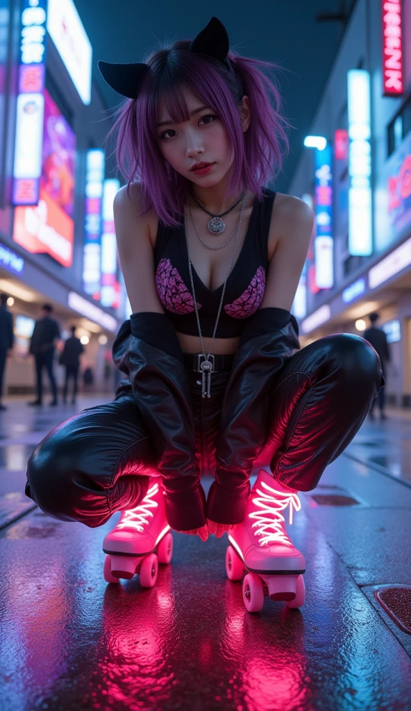 (spread legs, legs up :1.3),(Pink Hair :1.3),masterpiece, Highest quality, Wear unique Harajuku style clothing,The mint green colour stands out,Bold colors and patterns, Eye-catching accessories, Trendy and innovative hairstyles, Bright makeup, Stunning cyberpunk cityscapes, Skyscraper, Neon Signs, LED Light, Bright and vivid color scheme, anime, shape, Fine skin, High quality fabric, Intricate details, Very detailed,Low - Angle, whole body, vision(avert your eyes:1.4),Dynamic pose、Hand holding a sword、With a sword in hand.
