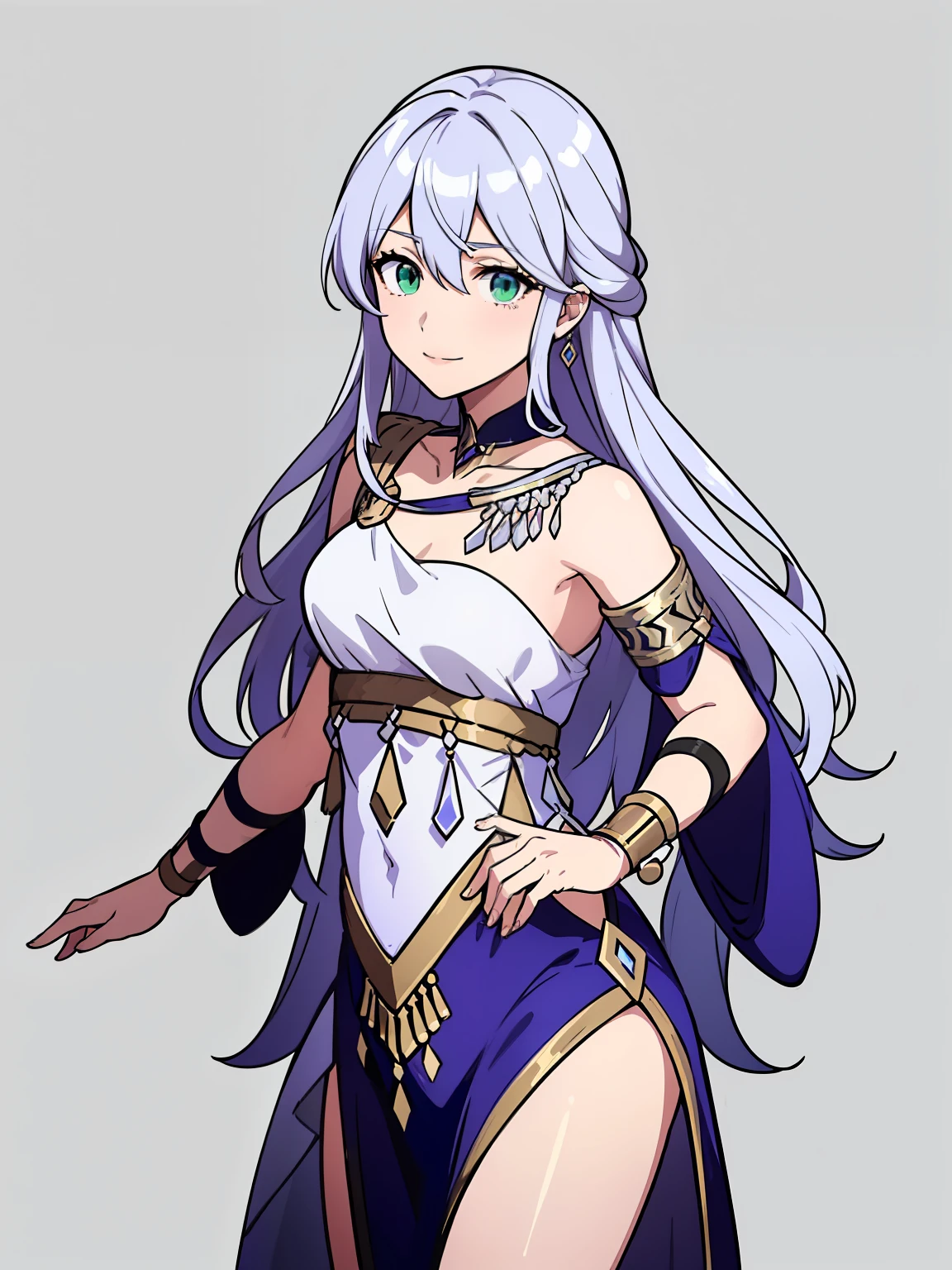 (high-quality, breathtaking),(expressive eyes, perfect face) 1girl, female, portrait, solo, young adult, neutral expression, cute smile, Symmetrical Eyes, Symmetrical ears, grey background, long hair, wavy spiky hair, fire emblem three houses art style, fe3h, white hair, green eyes, danceroutfit, blue danceroutfit
