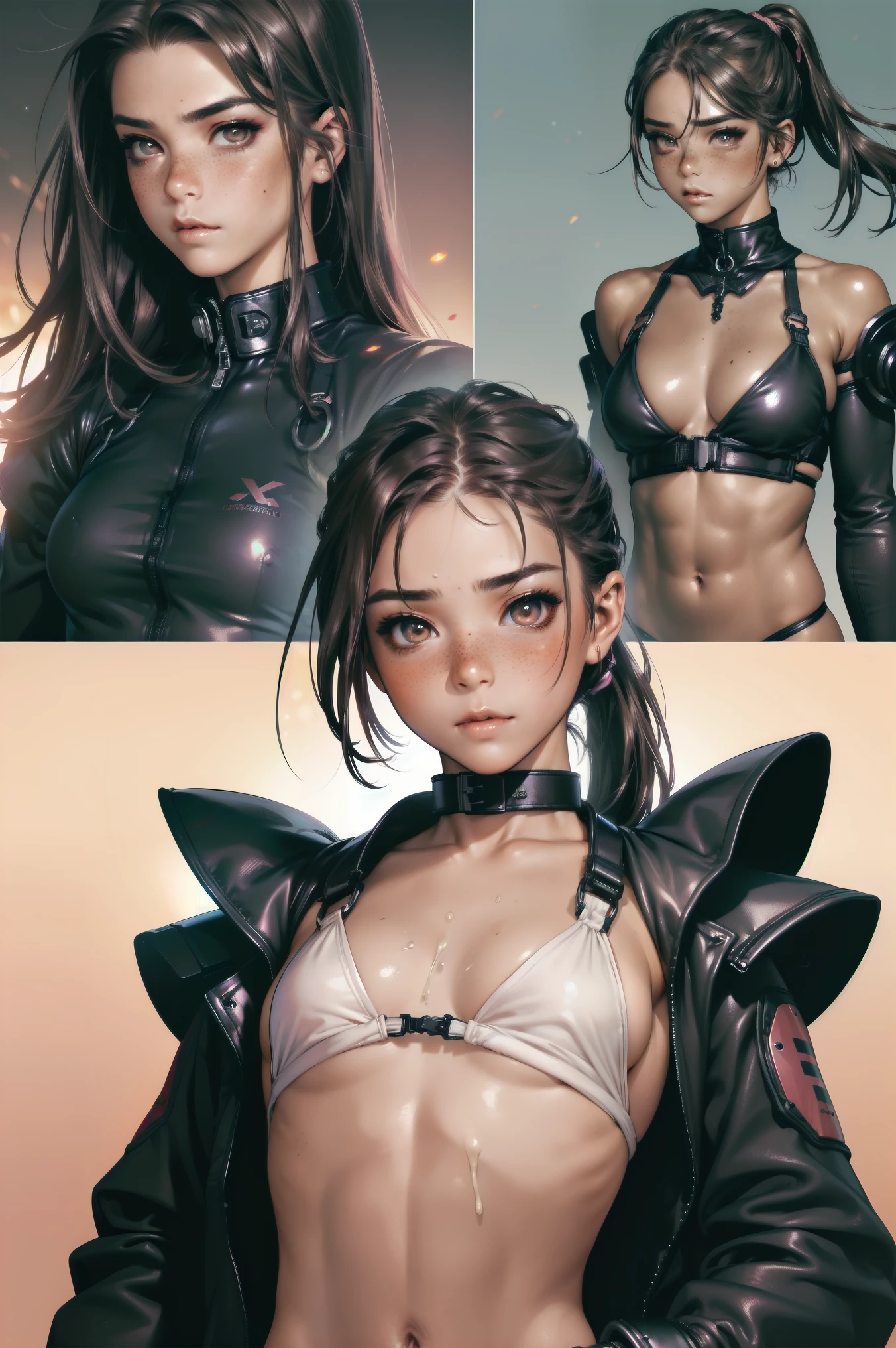 ((Best Quality)), ((  Wears Highly Detailed and Attractive Pyjamas {x})), ( Details: 1.4), (Absurd Ahe Face), (((whole body,  fitness body , A collar that exposes part of the chest)), ((( women with dark hair ,  blush))), ((Freckles))),  ponytail、Ninja Woman,  ninja suit, Giant Robot Pilot, wild with perfect  fitness body , Wearing a small mecha combat armor outfit,Female Ninja Being Detained 、  Five mercenaries of cyberpunk-style men who detain a woman and surround her、battlefield、Tiny Song, Simon Bisley is a beautiful sexy woman wearing a heavy metal ,  Japanese cyberpunk graphic pattern clothes, Halftone patterns and vertical stripes, Earth Colors, Emerging from the body of a giant robot、(cum in pussy:1.4)、