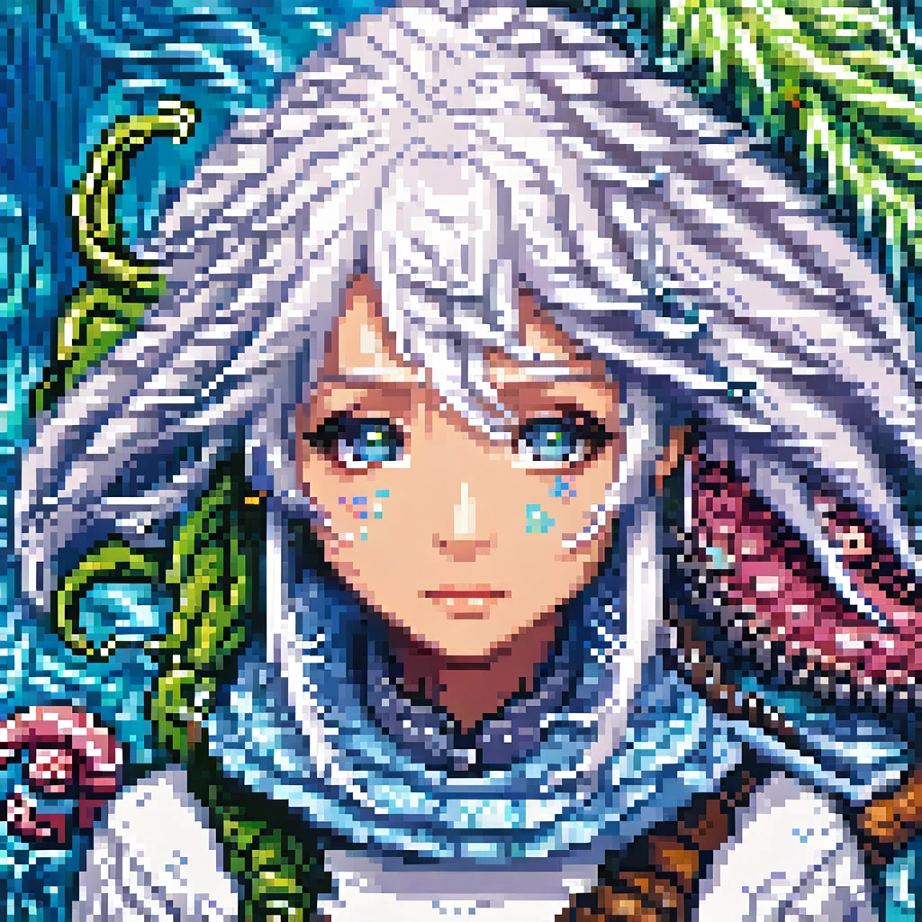 A detailed androgenous anime portrait done in aquatic final fantasy style, three rainbow eyes and white hair, aquatic tentacles and fins and antennae and snail shell, done in high resolution pixel art