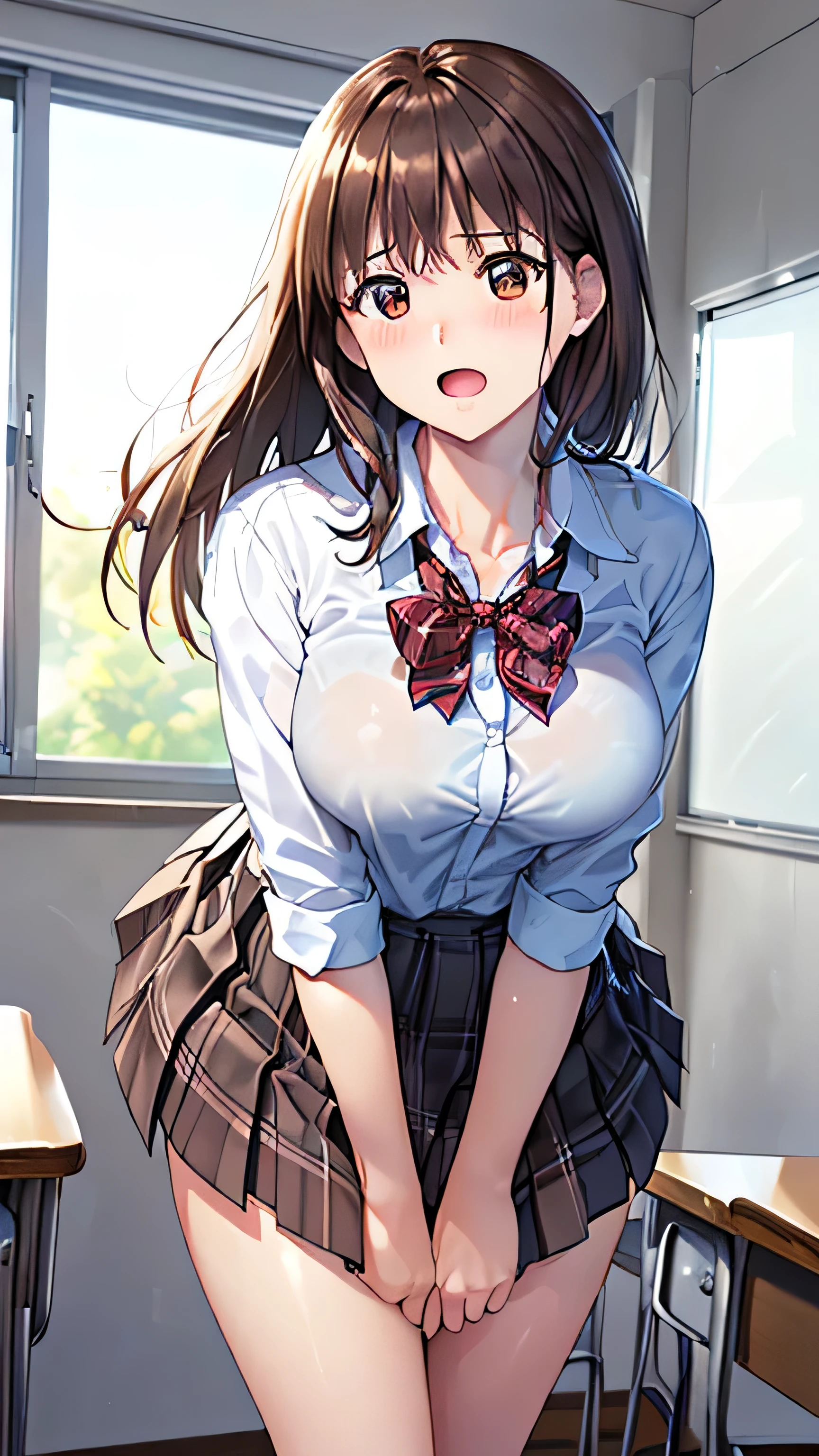 Cinematic lighting、Highest quality、A high school girl pulls down her see-through panties to her thighs in a school classroom、Leg spread、Glare、I almost took my panties off、Torn 、Sweaty、Sweat、Holding panties in your hands、Give me your panties、Large Breasts、