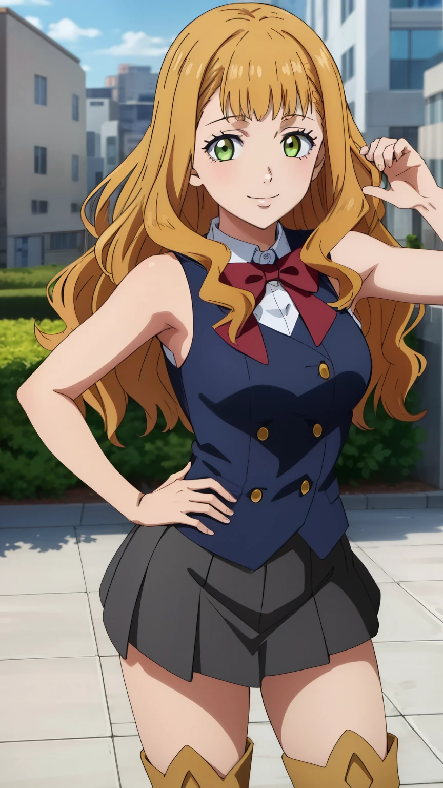 (masterpiece, best quality, high resolution, 8k:1.2), (anime coloring), confused, detailed face, beautiful face, (beautiful eyes, deep eyes), one girl, ((dynamic pose)), mimosa, green eyes, orange hair, long hair, alone, looking at viewer, wavy hair, bangs, (flower pattern shirt, sleeveless, micro skirt, boots, city, smile), (cowboy shot), 