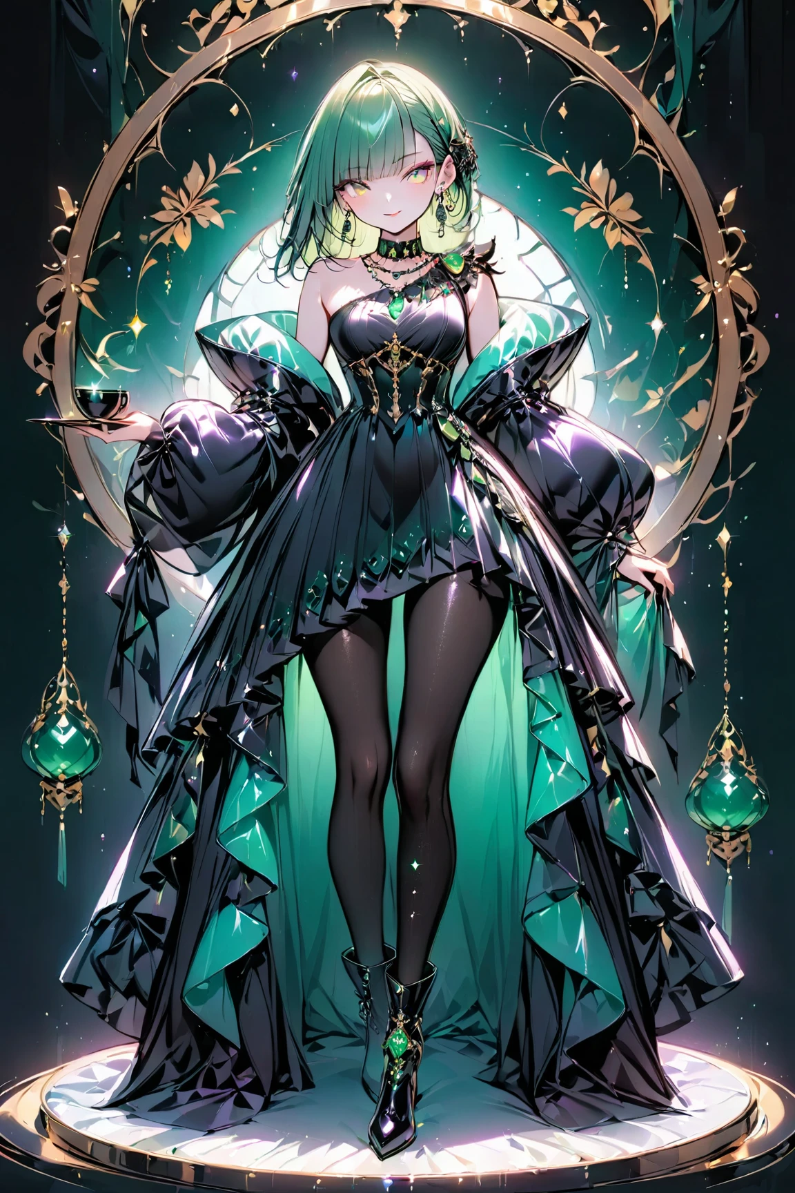 Dark green hair color woman,purple bow hair accessory,wavy and long hair,Elaborate Eyes,ssmile,Redlip,Black and yellow gradient sexy openwork lace dress,Sit Pose,Detailed depiction of legs,blackstockings,movie level lighting,16K High Resolution。