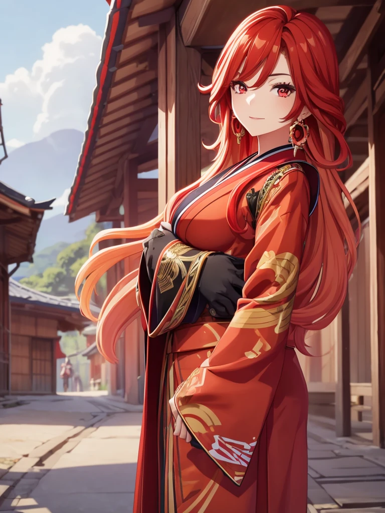  (Mauvika), 1girl, wearing a long Japanese kimono, at a village , red hair and red eyes, 8k, high detailed, high quality