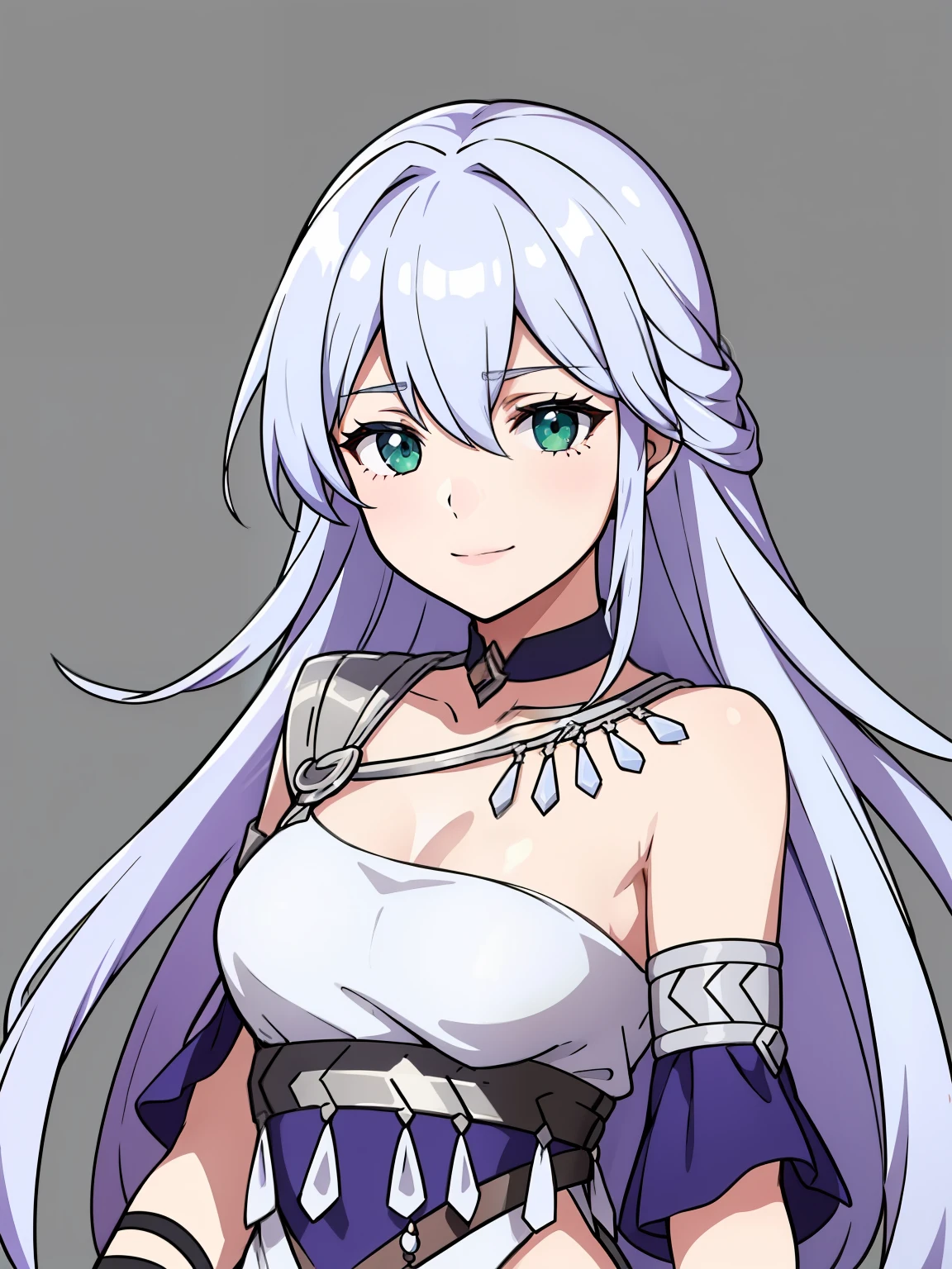 (high-quality, breathtaking),(expressive eyes, perfect face) 1girl, female, portrait, solo, young adult, neutral expression, cute smile, Symmetrical Eyes, Symmetrical ears, grey background, long hair, wavy spiky hair, fire emblem three houses art style, fe3h, white hair, green eyes, danceroutfit, blue danceroutfit, dancing
