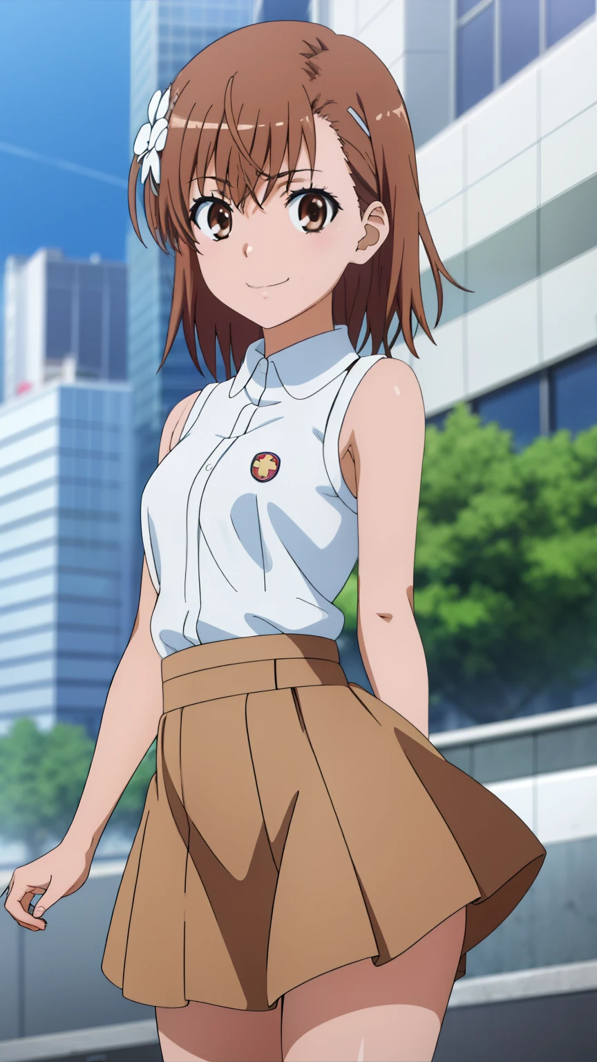 (masterpiece, best quality, high resolution, 8k:1.2), (anime coloring:1.2), highly detailed, beautiful eyes, perfect eyes, fine eyes, brown eyes, featuring big highlights, detailed face, highly detailed, fine eyes, symmetrical eyes, one girl, alone, Misaka Mikoto, brown hair, short hair, hairpin, (small breast), slim body, nffsw, (flower pattern shirt, sleeveless, micro skirt, boots, city, smile), looking at the viewer, in the center of the image, (beautiful_chest:1.1), (beautiful_face:1.2), (beautiful_waist:1.2), (cowboy shot:1.3), dutch angle,