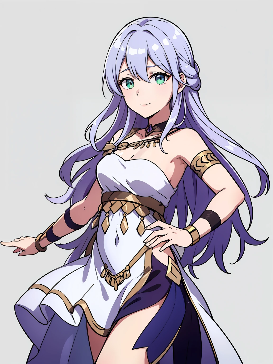 (high-quality, breathtaking),(expressive eyes, perfect face) 1girl, female, portrait, solo, young adult, neutral expression, cute smile, Symmetrical Eyes, Symmetrical ears, grey background, long hair, wavy spiky hair, fire emblem three houses art style, fe3h, white hair, green eyes, danceroutfit, blue danceroutfit, dancing
