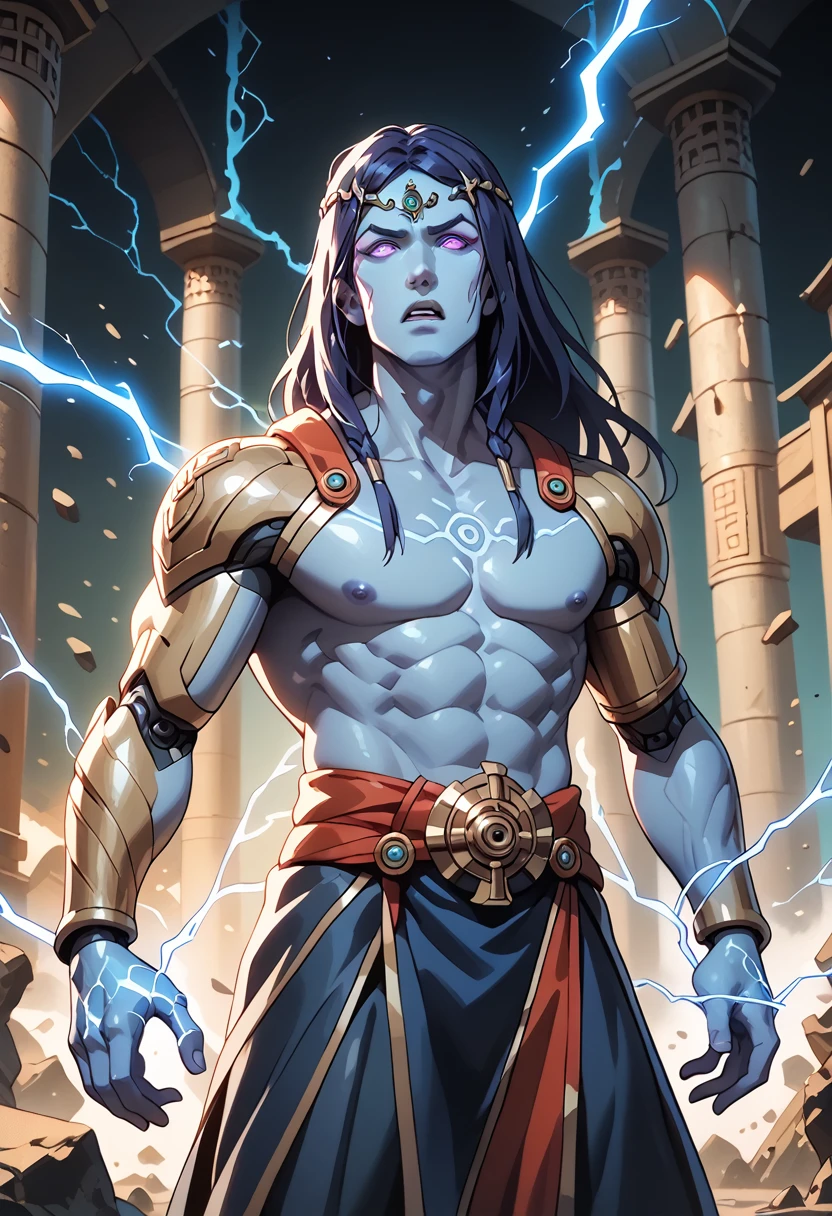 Appearance: The fusion between Shiva, the Hindu god of destruction and transformation, and Raiden Tamemon, a famous character from the world of digital games, would result in a powerful and electrifying figure. Shiva Tameraiden would have an imposing appearance, combining elements of the Hindu deity with futuristic features. His body would be robust and muscular, with bright blue skin. He would wear advanced cybernetic armor, combining details inspired by Hindu culture with a technological look. His hair would be long and white, radiating electricity, and his eyes would be intense, emitting electric sparks, high definition 8k