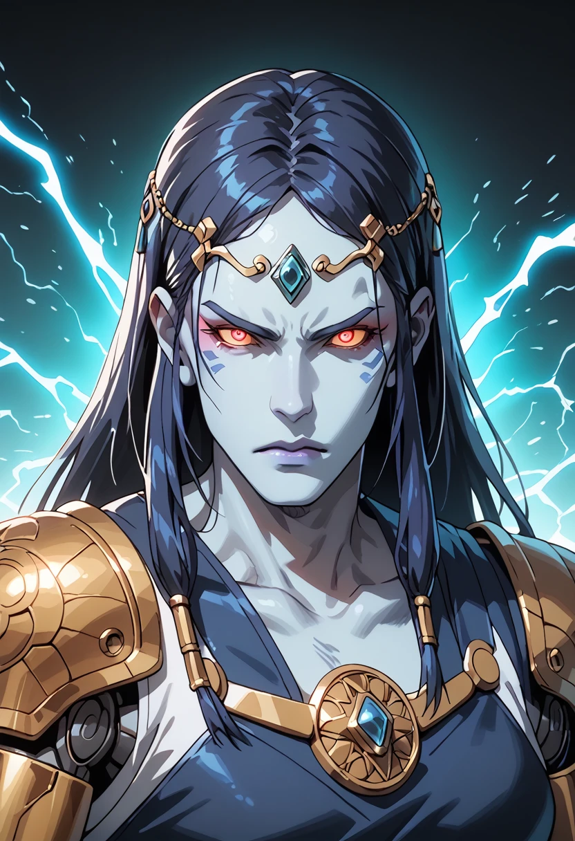 Appearance: The fusion between Shiva, the Hindu god of destruction and transformation, and Raiden Tamemon, a famous character from the world of digital games, would result in a powerful and electrifying figure. Shiva Tameraiden would have an imposing appearance, combining elements of the Hindu deity with futuristic features. His body would be robust and muscular, with bright blue skin. He would wear advanced cybernetic armor, combining details inspired by Hindu culture with a technological look. His hair would be long and white, radiating electricity, and his eyes would be intense, emitting electric sparks, high definition 8k