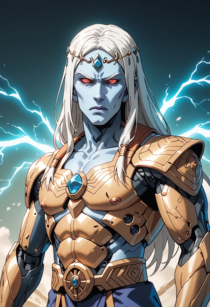 Appearance: The fusion between Shiva, the Hindu god of destruction and transformation, and Raiden Tamemon, a famous character from the world of digital games, would result in a powerful and electrifying figure. Shiva Tameraiden would have an imposing appearance, combining elements of the Hindu deity with futuristic features. His body would be robust and muscular, with bright blue skin. He would wear advanced cybernetic armor, combining details inspired by Hindu culture with a technological look. His hair would be long and white, radiating electricity, and his eyes would be intense, emitting electric sparks, high definition 8k