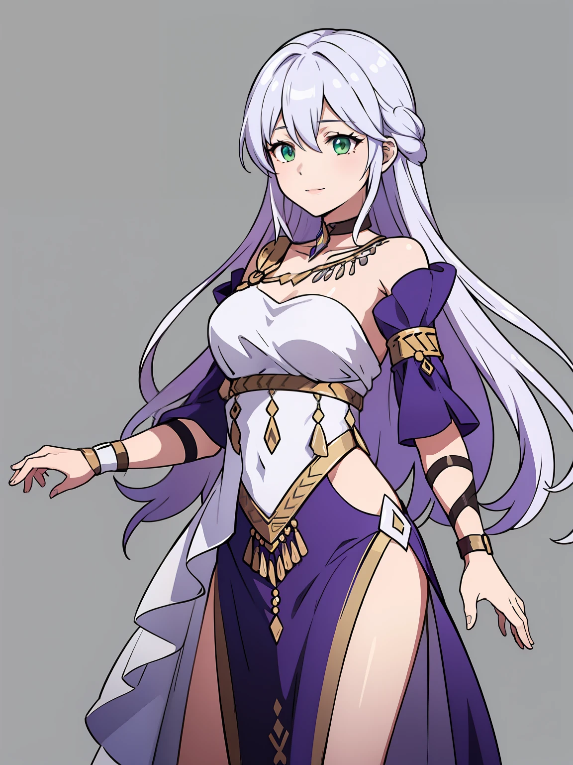 (high-quality, breathtaking),(expressive eyes, perfect face) 1girl, female, portrait, solo, young adult, neutral expression, cute smile, Symmetrical Eyes, Symmetrical ears, grey background, long hair, wavy spiky hair, fire emblem three houses art style, fe3h, white hair, green eyes, danceroutfit, blue danceroutfit, dancing
