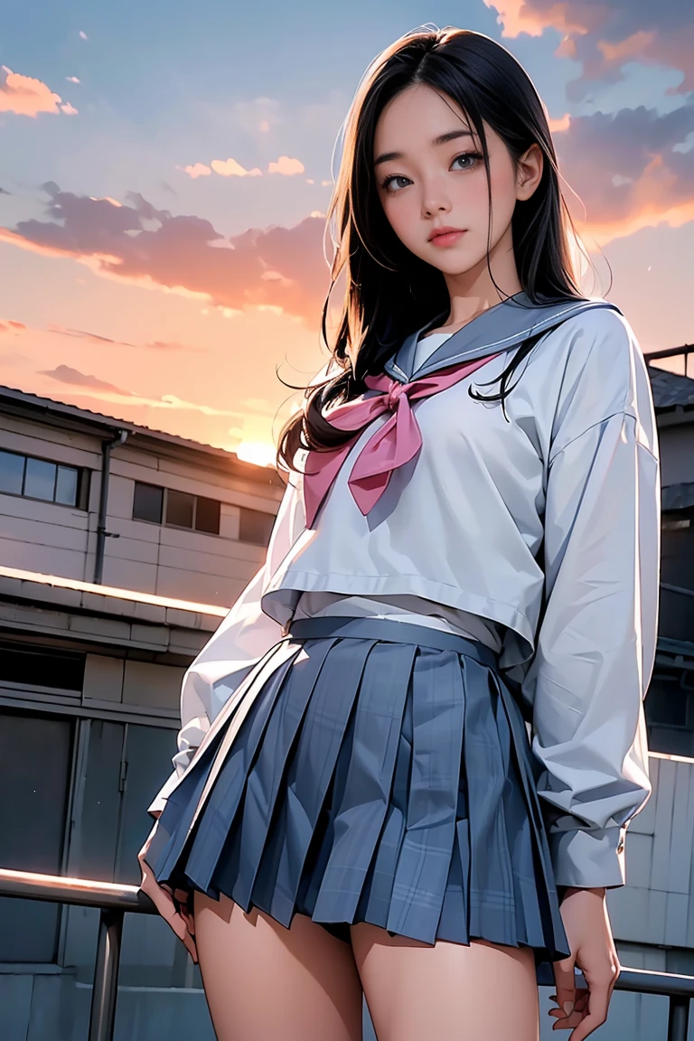 (8k, RAW Photos, Highest quality, masterpiece:1.2)、(Genuine、Realistic:1.37)、1 person、Japanese、Black Hair、Long Hair、(From below:1.4), (a 18years old pretty Japanese girl standing on rooftop of the building、school uniform)、((View your audience))、(White Sailor Suit High 、Ribbon on chest、mini skirt、Pink and gray checked pleated skirt、White panties)、(White panties can be seen from the pleated skirt)、((Sunset sky、cloud))