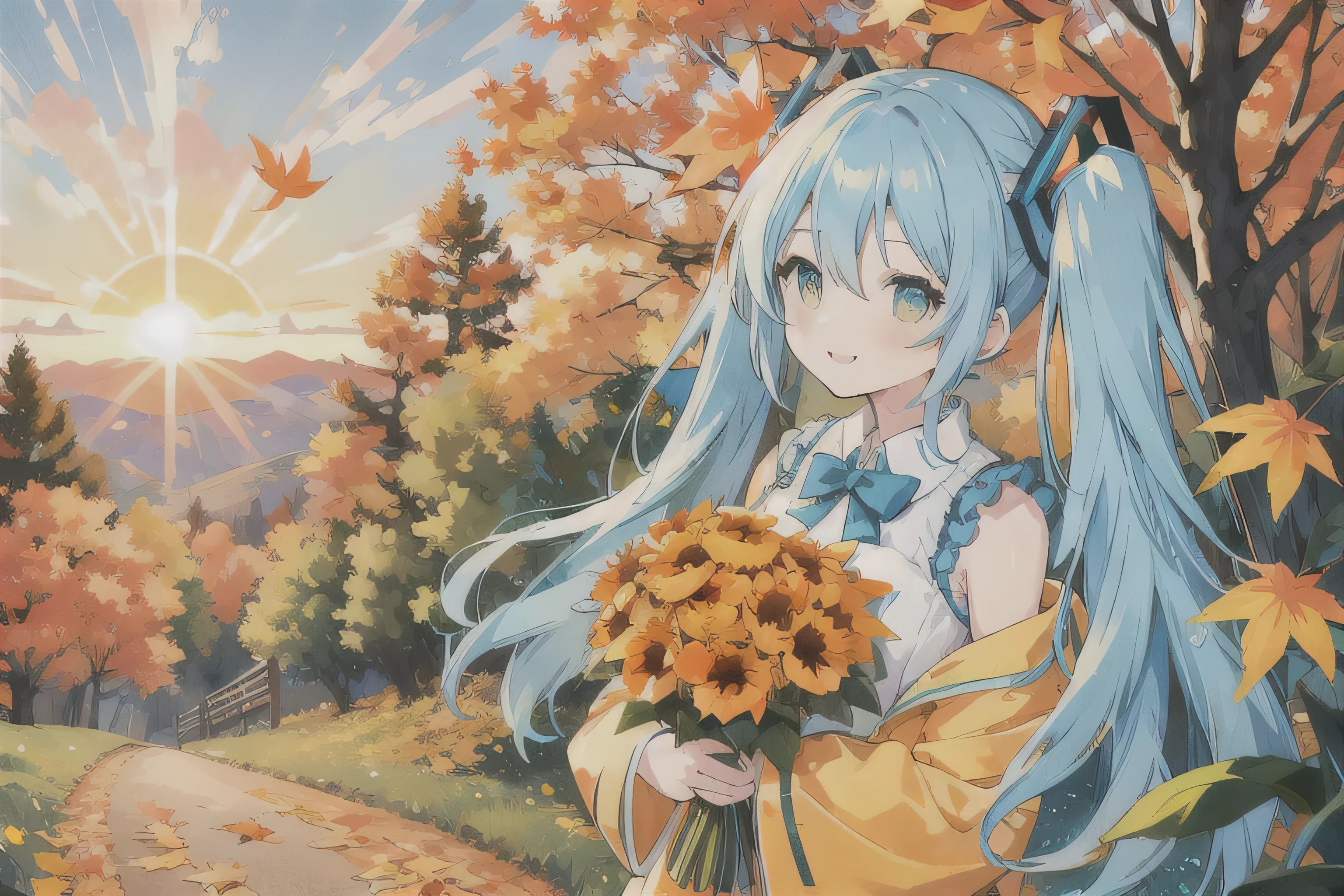 · Hatsune Miku · Light blue hair · Long twin tails · Facing the front and smiling · Yellow dress · In the autumn forest · Lots of maple leaves · Holding an orange bouquet · Sunset sky · Top quality