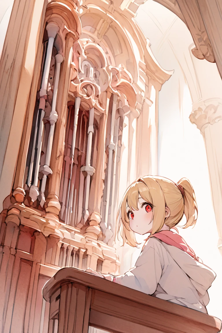 (masterpiece, best quality, hyper detailed:1.2), Thin line drawing, cute, watercolor,
1girl, short, fair skin, medium blonde hair, ponytail, red eyes, big and droopy eyes, BREAK,
Huge baroque organ, Pressing organ keys, sitting on chair, from behind, from below,