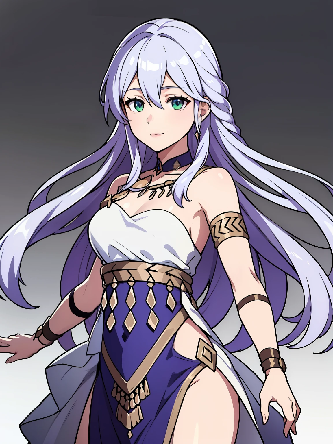 (high-quality, breathtaking),(expressive eyes, perfect face) 1girl, female, portrait, solo, young adult, neutral expression, cute smile, Symmetrical Eyes, Symmetrical ears, grey background, long hair, wavy spiky hair, fire emblem three houses art style, fe3h, white hair, green eyes, danceroutfit, blue danceroutfit, dancing
