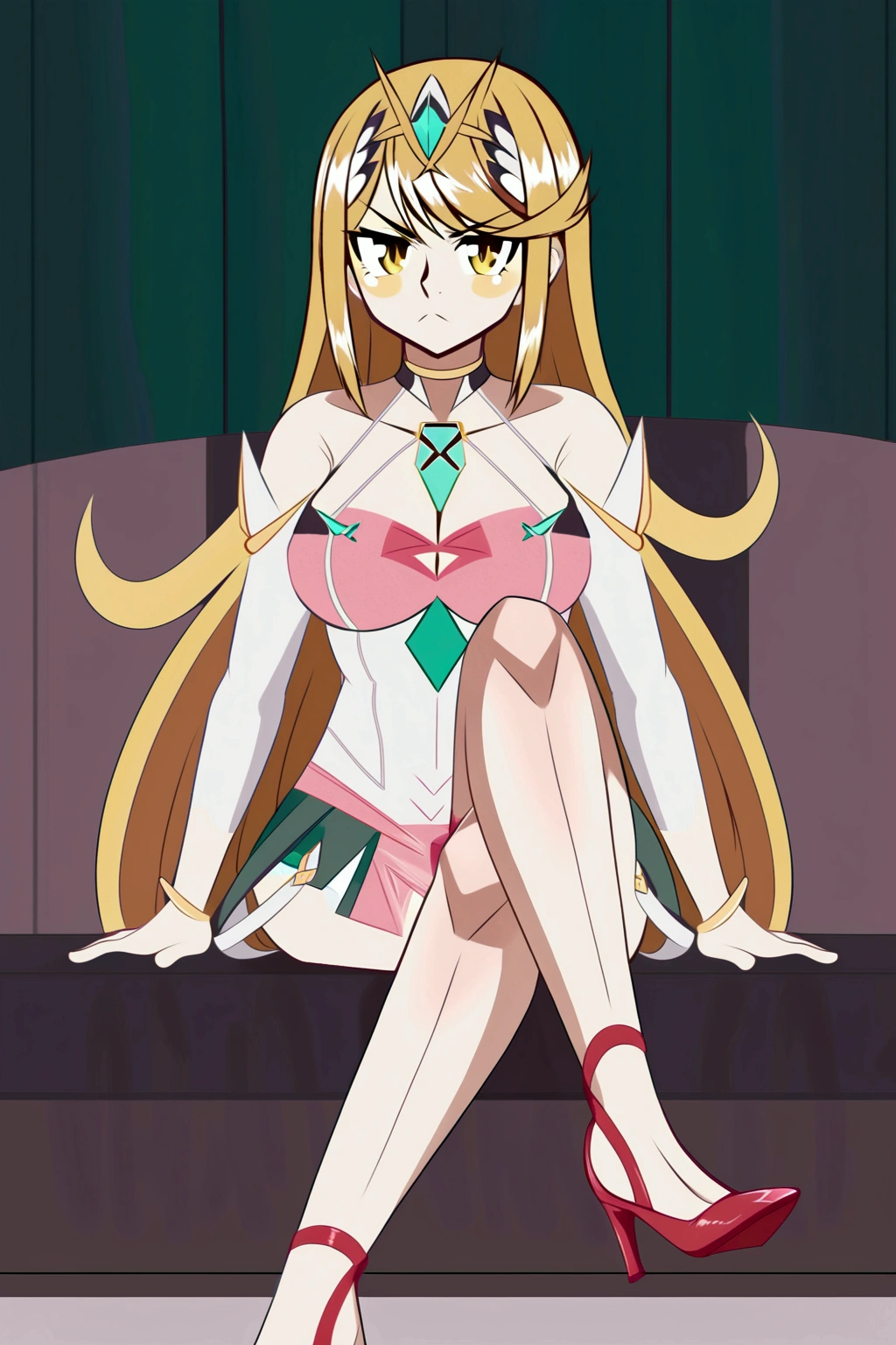 mythra,  long hair , by Ruio,  cut bob,  yellow-eyed , 1 girl, Alone,  bare shoulders , strapless, medium chest, pink shirt, Pink mini skirt, sitting on a sofa, cuerpo completo, bare legs with red heels, crossed legs,serious guy