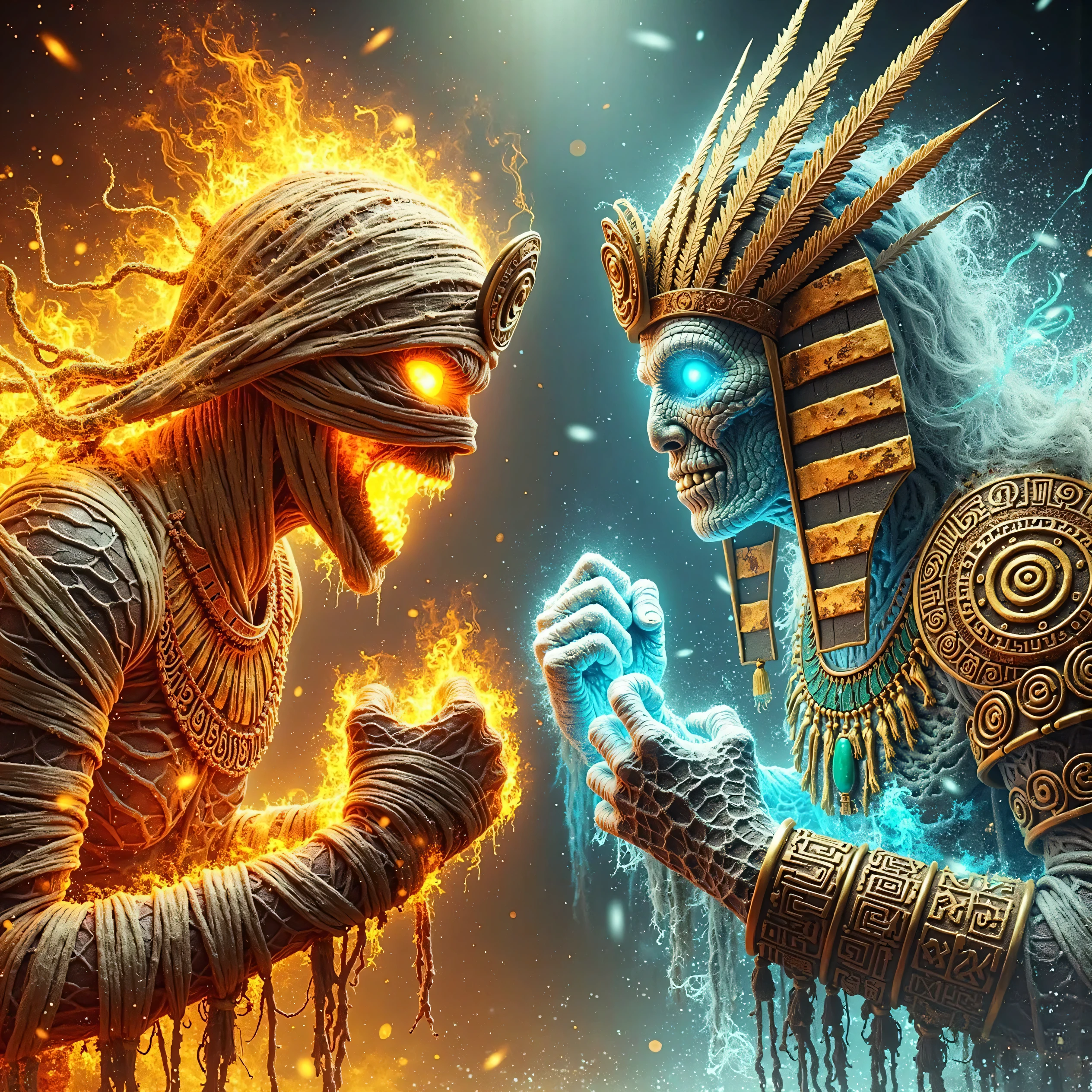 An ultra-detailed 16K resolution masterpiece of two magical mummies locked in a fierce standoff, each embodying contrasting elemental powers. On the left, the Egyptian desert mummy wields fire and sand magic. She is covered in ancient yellowed bandages and adorned in golden Pharaoh armor, complete with detailed gold plating, jeweled ornaments, and a traditional Egyptian headdress. Her cracked, lava-like skin glows with intense orange light under the bandages, flames flickering from her blazing eyes and ember-like hair. Heat shimmers, and sand swirls dramatically around her, casting a fiery glow.

On the right, the Mayan ice mummy channels ice and thunder magic. Her dry, cracked skin appears frostbitten and frozen, with icy blue tones, and she wears intricate Mayan armor carved with glyphs, adorned with feathers and jade ornaments. A chilling blue aura radiates from her, with her icy blue left eye glowing sharply. White, frost-stiffened hair glistens with ice crystals as electric blue lightning arcs around her body, enhancing the frozen atmosphere.

The cinematic composition captures every intricate detail, from the flames and sand around the Egyptian mummy’s bandaged armor to the frost and lightning effects on the Mayan mummy’s dried frozen skin, showcasing a dramatic visual of two ancient forces in elemental harmony