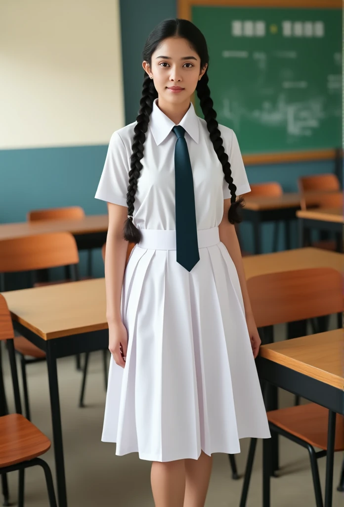 1 schoolgirl, wearing a white frock uniform, white shoes, white socks, full body, braided black hair with plait, classroom , highly detailed, hyper realistic, 8k, photorealistic, masterpiece, studio lighting, cinematic lighting, vibrant colors, intricate details, sharp focus, 3d, volumetric lighting, dynamic pose