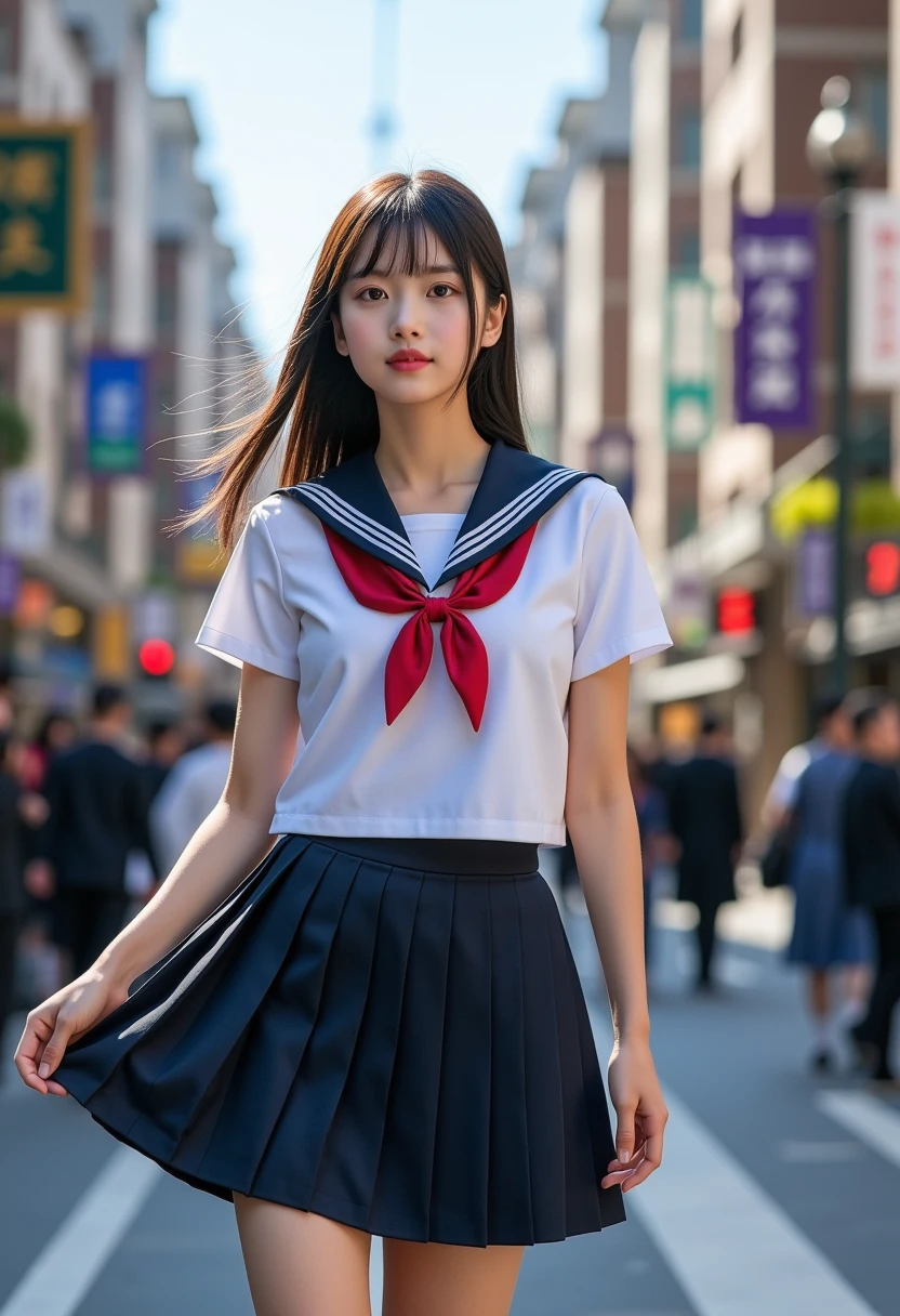 A girl in a sailor uniform, detailed uniform, sailor collar, pleated skirt, walking on a crowded city road, (best quality,4k,8k,highres,masterpiece:1.2),ultra-detailed,(realistic,photorealistic,photo-realistic:1.37),vivid colors,professional,HDR,physically-based rendering,studio lighting,beautiful detailed eyes,beautiful detailed lips,extremely detailed eyes and face,longeyelashes,urban scene,cityscape,detailed architecture,crowds,street lamps,reflections