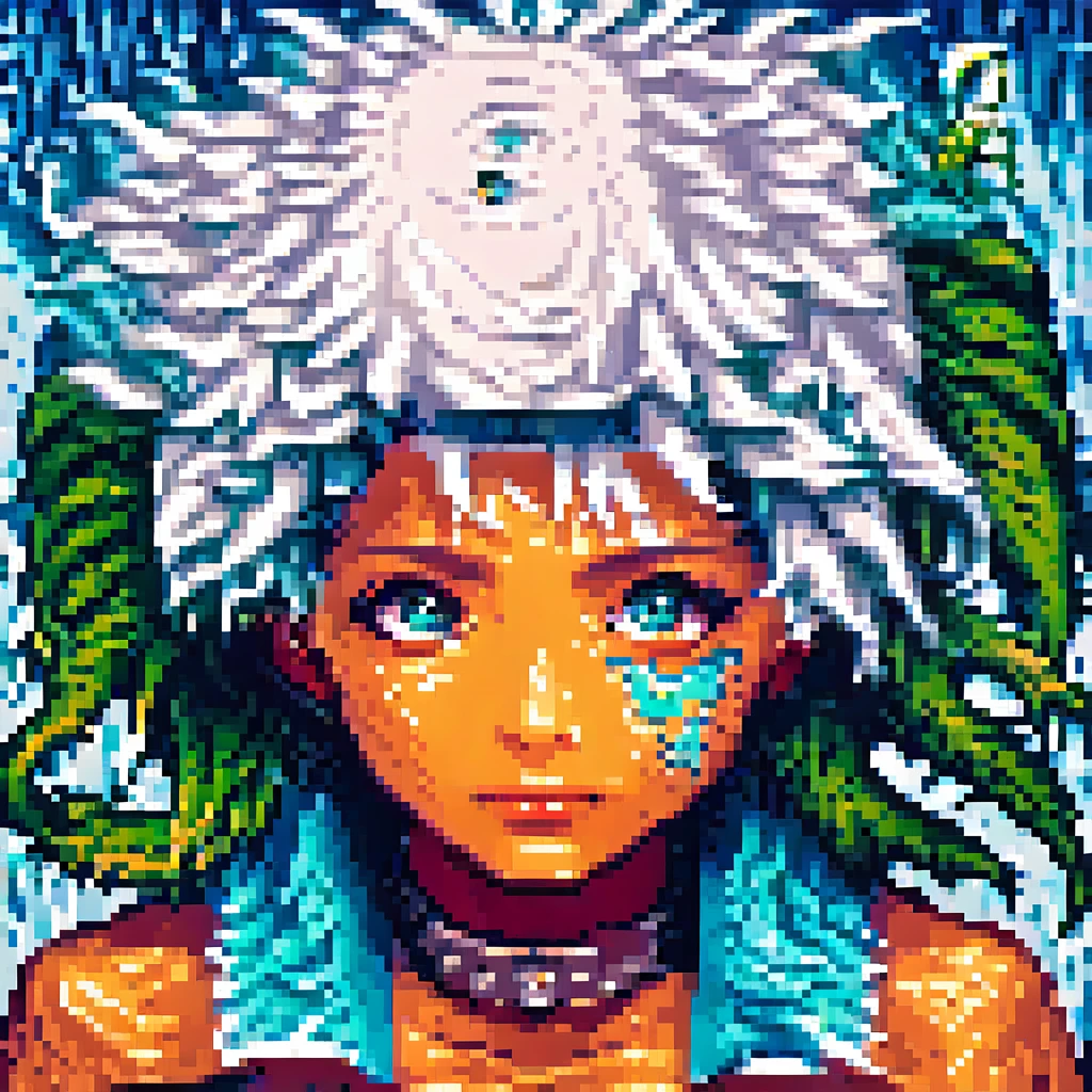 A detailed androgenous anime portrait done in aquatic final fantasy style, three rainbow eyes and white hair, aquatic tentacles and fins and antennae, done in high resolution pixel art