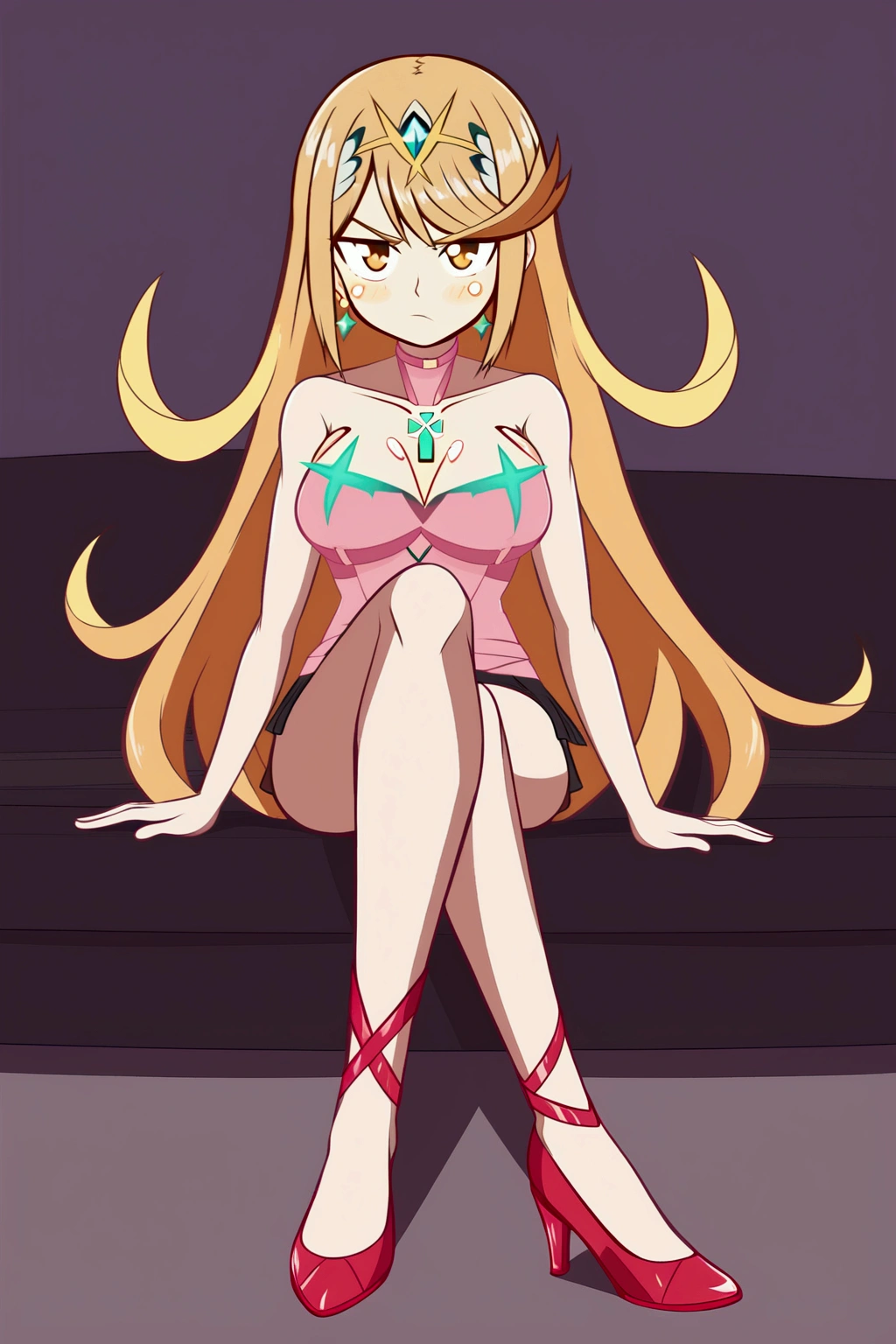 mythra,  long hair , by Ruio,  cut bob,  yellow-eyed , 1 girl, Alone,  bare shoulders , strapless, medium chest, pink shirt, Pink mini skirt, sitting on a sofa, cuerpo completo, bare legs with red heels, crossed legs,serious guy