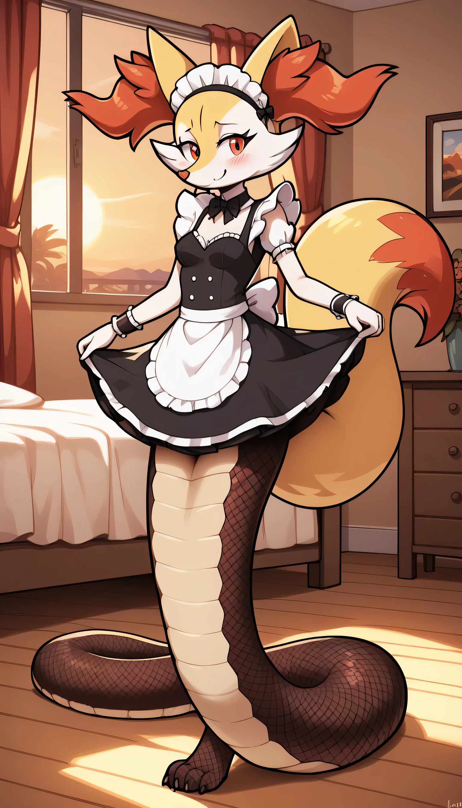 1girl, anthro, furry, fur, fluffy fur, braixen girl, Red eyes, full body, (19 years), medium breast, thicc thighs, solo, (bedroom), sunset, detailed, maid outfit, fishnet stockings, shy, nervous, sunset, smile, standing, score_9, score_8_up, score_7_up, score_6_up, score_5_up, score_4_u, lamia