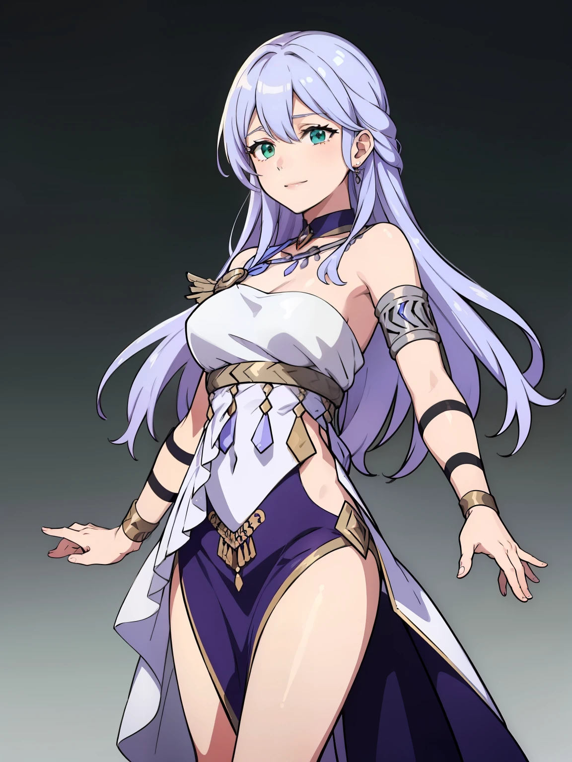 (high-quality, breathtaking),(expressive eyes, perfect face) 1girl, female, portrait, solo, young adult, neutral expression, cute smile, Symmetrical Eyes, Symmetrical ears, grey background, long hair, wavy spiky hair, fire emblem three houses art style, fe3h, white hair, green eyes, danceroutfit, blue danceroutfit, elegant
