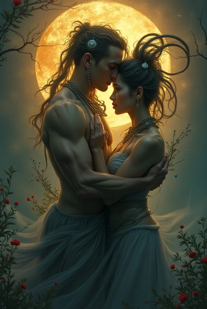 portrait,(NSFW 0.75) (one muscular man and one woman, hugging each other))((touching eachother, kissing))((muscular man,  pose)) ,very very big breast, soft nylon sexy , orange , pink ,teal,red, yellow flower colour ,flower design modern light white wedding dress,  colorful, flower armor,  good anatomy,  best quality,  (((masterpiece))),  high quality,  realist,  best detailed,  details,  realist skin,  skin detailed,  underboobs,  beautiful  posing under a fairy tale of exotic magic,, girl immersed in water , soaked, meadows background , bokeh effect , chubby , sleeping in bed, t,off shoulder,  wearing style,(huge perky breasts, deep cleavage, thick thighs, multi chain jewellery ),(wearing jewellery on )(big buttocks and looking back) white wedding dress , beautiful flower wedding dress, 