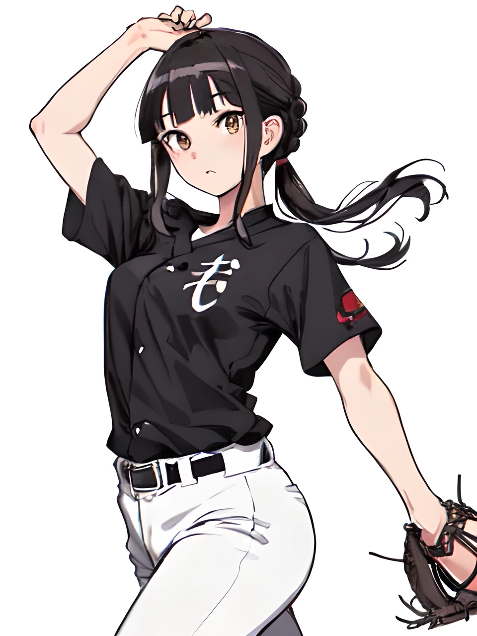 (ikuyo doodle dance: 1.4)
looking at viewer, black hair,(tied hair,blunt bangs:1.2), (baseball uniform:1.2), (best quality:1.3),1girl,
