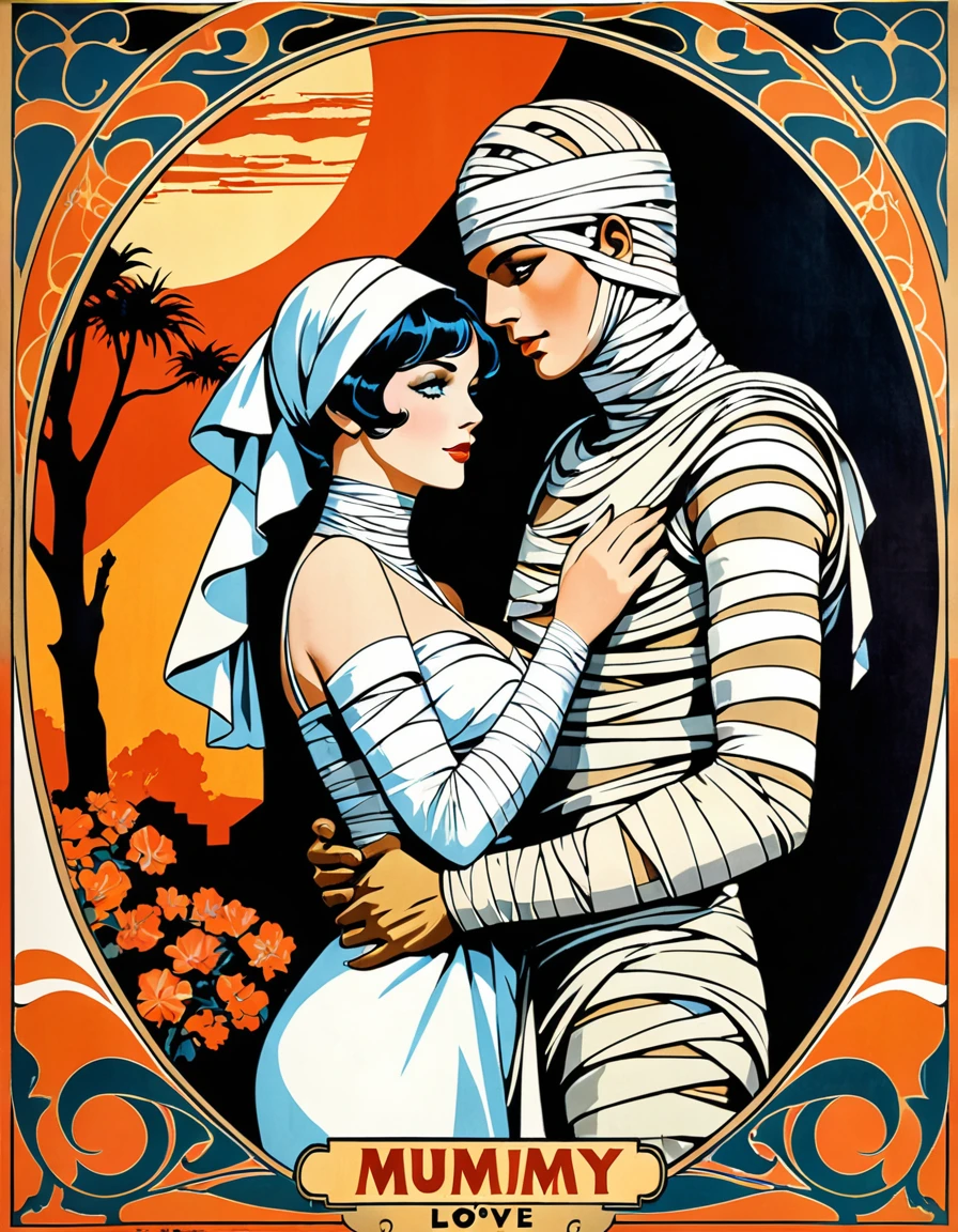 Retro movie poster of two bandaged mummies holding each other's hands. Love romance, supreme love, bandaged gothic horror maiden mummy and young man mummy. High quality costumes, art nouveau, retro poster of mummy, art nouveau, 1960s posters, retro art style, poster art style, lovely background, vintage images, retro illustration.