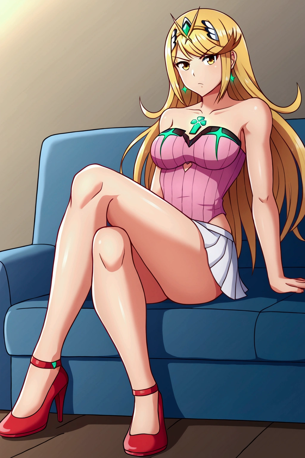 mythra,  long hair , by Ruio,  cut bob,  yellow-eyed , 1 girl, Alone,  bare shoulders , strapless, medium chest, pink shirt, Pink mini skirt, sitting on a sofa, cuerpo completo, bare legs with red heels, crossed legs,serious guy
