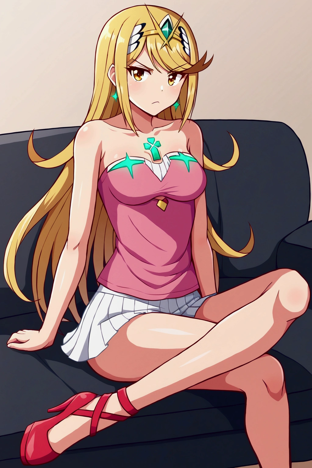 mythra,  long hair , by Ruio,  cut bob,  yellow-eyed , 1 girl, Alone,  bare shoulders , strapless, medium chest, pink shirt, Pink mini skirt, sitting on a sofa, cuerpo completo, bare legs with red heels, crossed legs,serious guy
