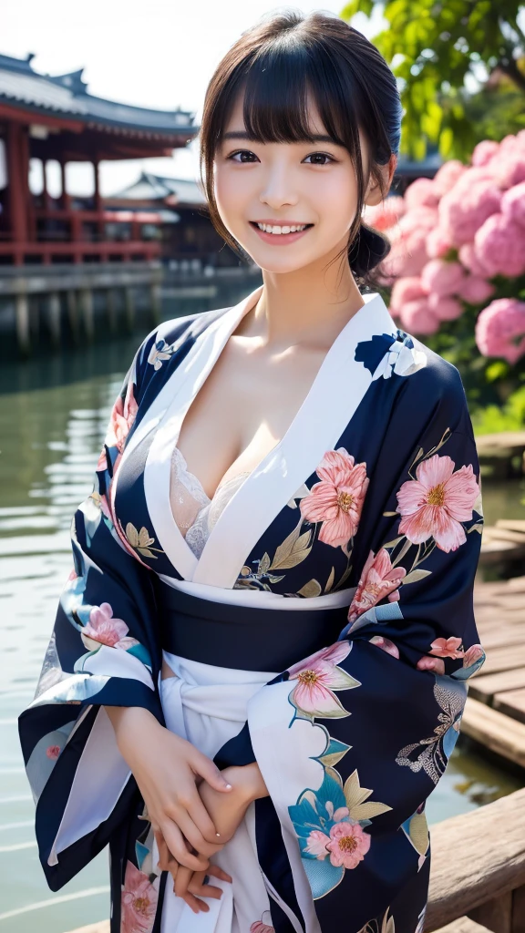 Fireworks on the sea at night、passing High Resolution、Her breasts overflow from the collar of her kimono.、(Genuine: 1.4)、RAW Photos、Best Quality、( photorealisticistic)、 concentrate、Soft light、(())、((Japanese))、(Front、Young Face)))、(Depth of Limit）、（one piece）、masterpiece、（ photorealistic）、woman、bangs、1 beautiful Japanese model、woman model、4K、 Kampala、bangs、 Black Hair 、kimono、white and blueflower Long-sleeved kimono、Japanese style floral pattern:1.5、 Cute Faces Like Idols :1.4、 Embarrassing composition 、Beautiful breasts、Laughter、  full body lesbian :1.2、 emphasizes dynamic perspective、 cute cute beautiful girl、 cleavage、Beautiful Skin、 look at me and smile、  simple background、masterpiece、 Kampala、4K resolution、passing