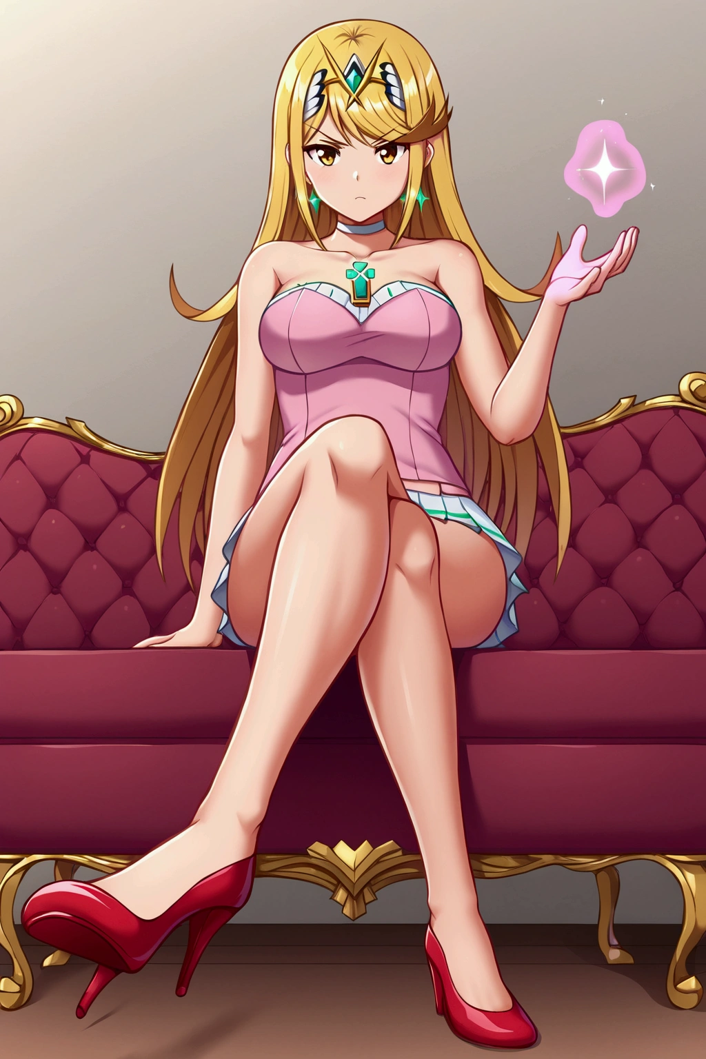 mythra,  long hair , by Ruio,  cut bob,  yellow-eyed , 1 girl, Alone,  bare shoulders , strapless, medium chest, pink shirt, Pink mini skirt, sitting on a sofa, cuerpo completo, bare legs with red heels, crossed legs,serious guy
