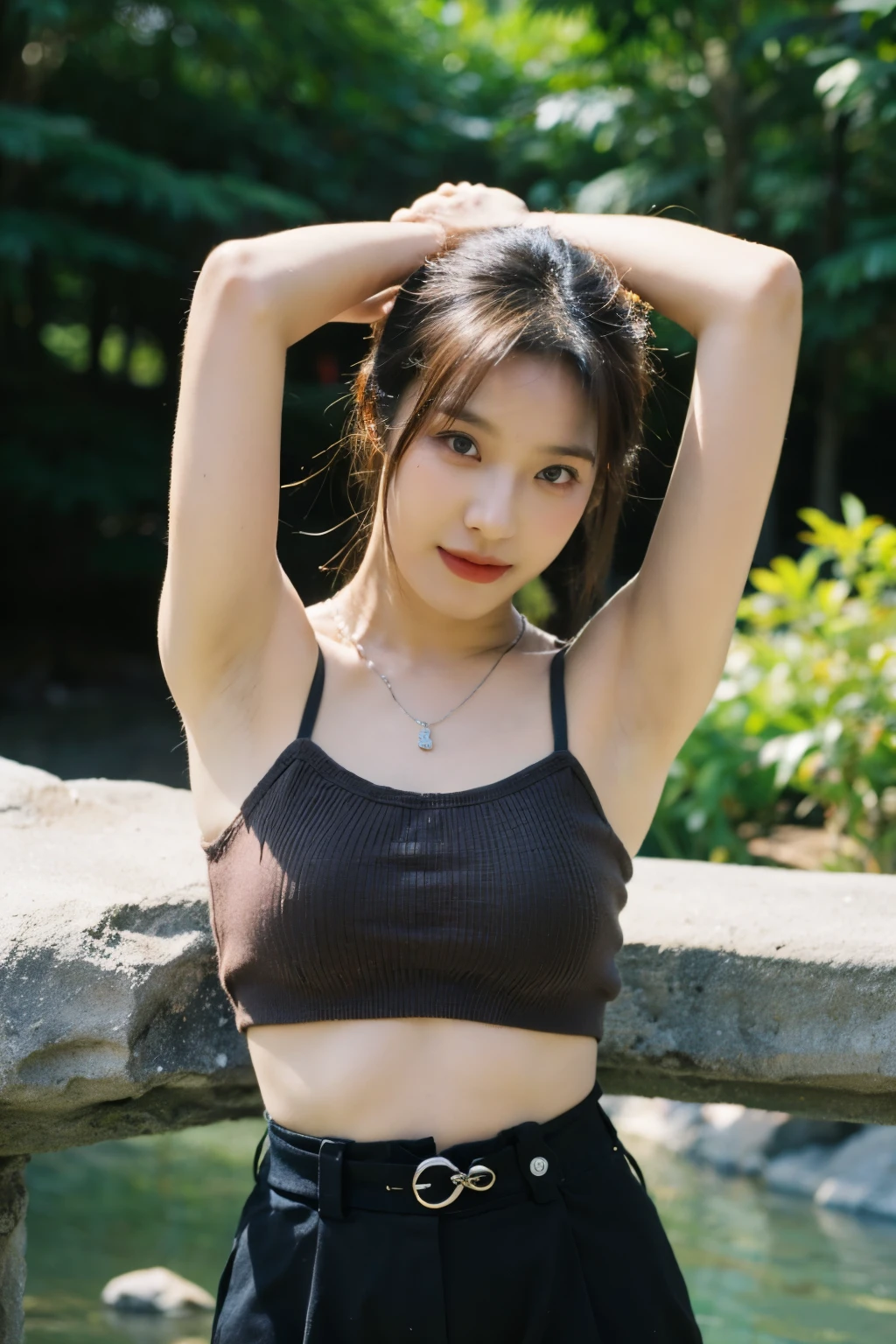 araffe woman sitting on a bench in a black top and black shorts, she is wearing a black tank top, tight black tanktop, beautiful south korean woman, gorgeous young korean woman, wearing a black cropped tank top, korean girl, tight black tank top and shorts, wearing a cropped black tank top, korean women's fashion model, photo of slim girl model, Best picture quality, masterpiece, ultra high resolution, 8k, cleavage, big boobs, bust detail, hair detail, eye detail, sharp eyes, thin smile, professional lighting