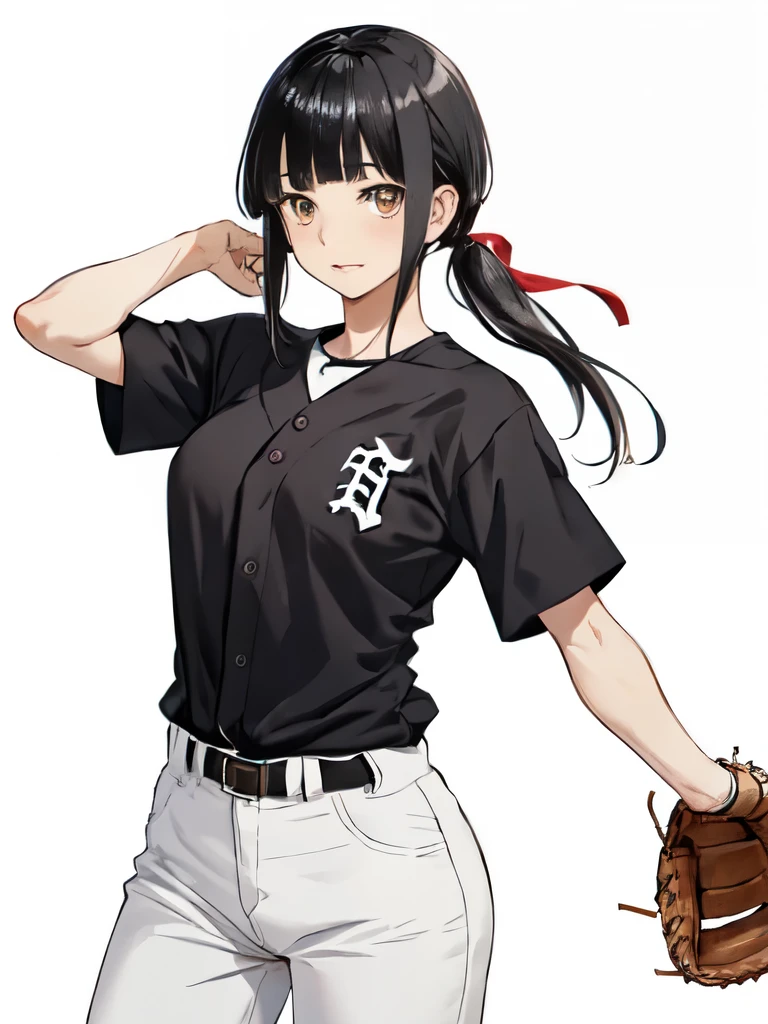 looking at viewer, black hair,(tied hair,blunt bangs:1.2), (baseball uniform:1.2), (best quality:1.3),1girl,