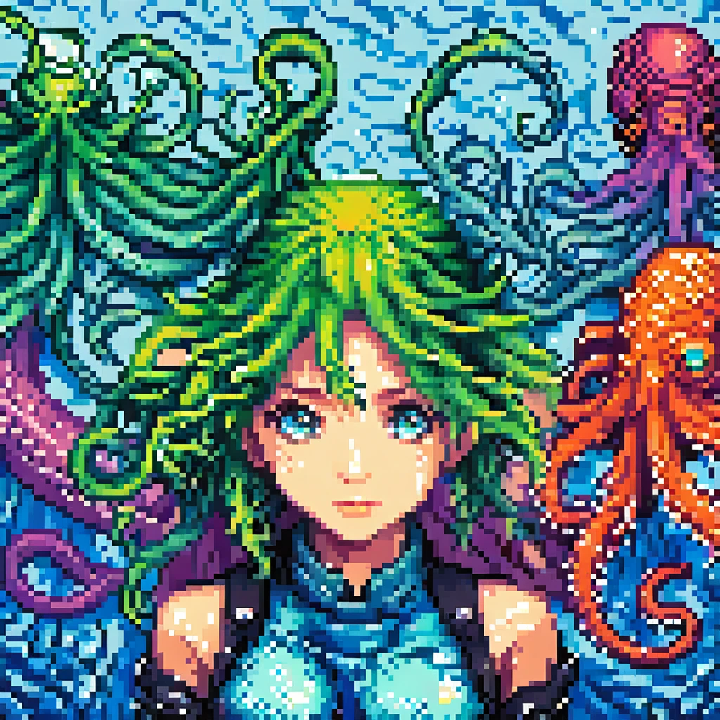 A detailed androgenous anime portrait done in aquatic final fantasy style, bright rainbow eyes and cephalopod tentacles, done in high resolution pixel art