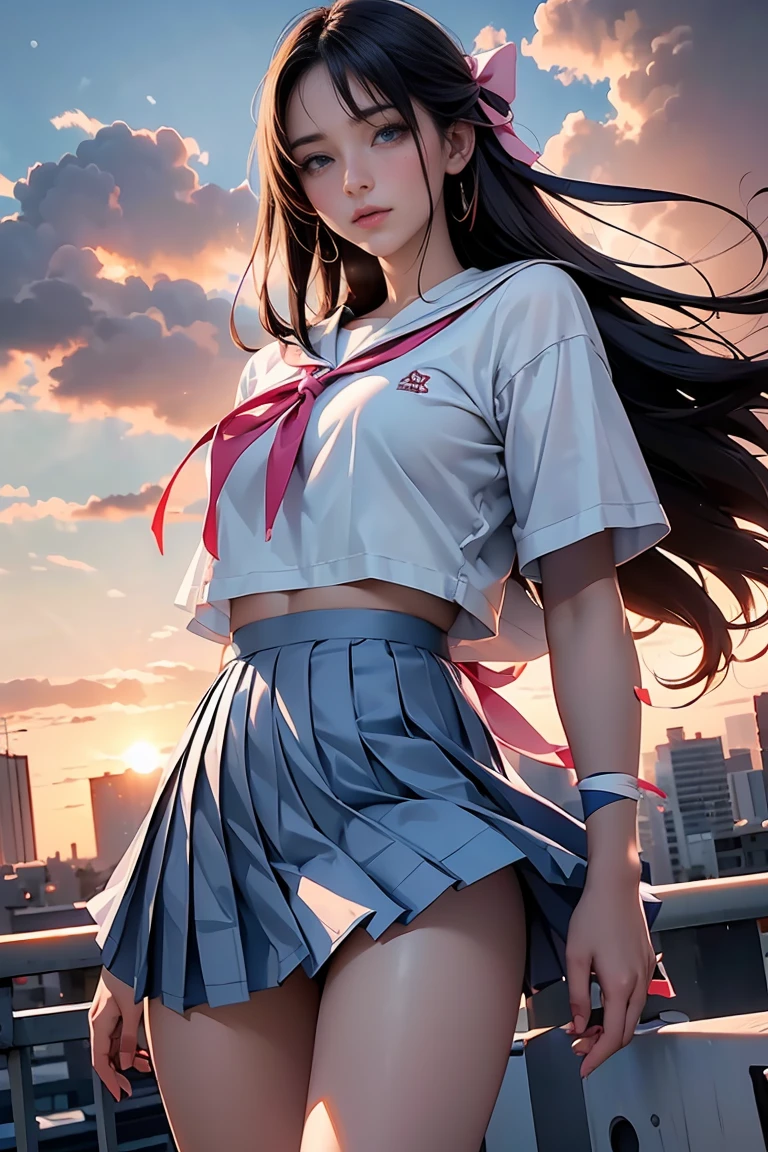 (8k, RAW Photos, Highest quality, masterpiece:1.2)、(Genuine、Realistic:1.37)、1 person、Japanese、Black Hair、Long Hair、(From below:1.4), (a 18years old pretty Japanese girl standing on rooftop of the building、school uniform)、((View your audience))、(White Sailor Suit High 、Ribbon on chest、mini skirt、Pink and gray checked pleated skirt、White panties)、(White panties can be seen from the pleated skirt)、((Sunset sky、cloud))