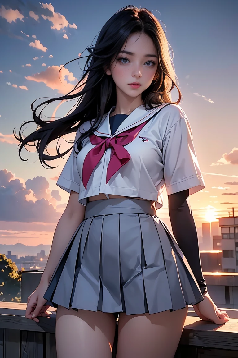 (8k, RAW Photos, Highest quality, masterpiece:1.2)、(Genuine、Realistic:1.37)、1 person、Japanese、Black Hair、Long Hair、(From below:1.4), (a 18years old pretty Japanese girl standing on rooftop of the building、school uniform)、((View your audience))、(White Sailor Suit High 、Ribbon on chest、mini skirt、Pink and gray checked pleated skirt、White panties)、(White panties can be seen from the pleated skirt)、((Sunset sky、cloud))